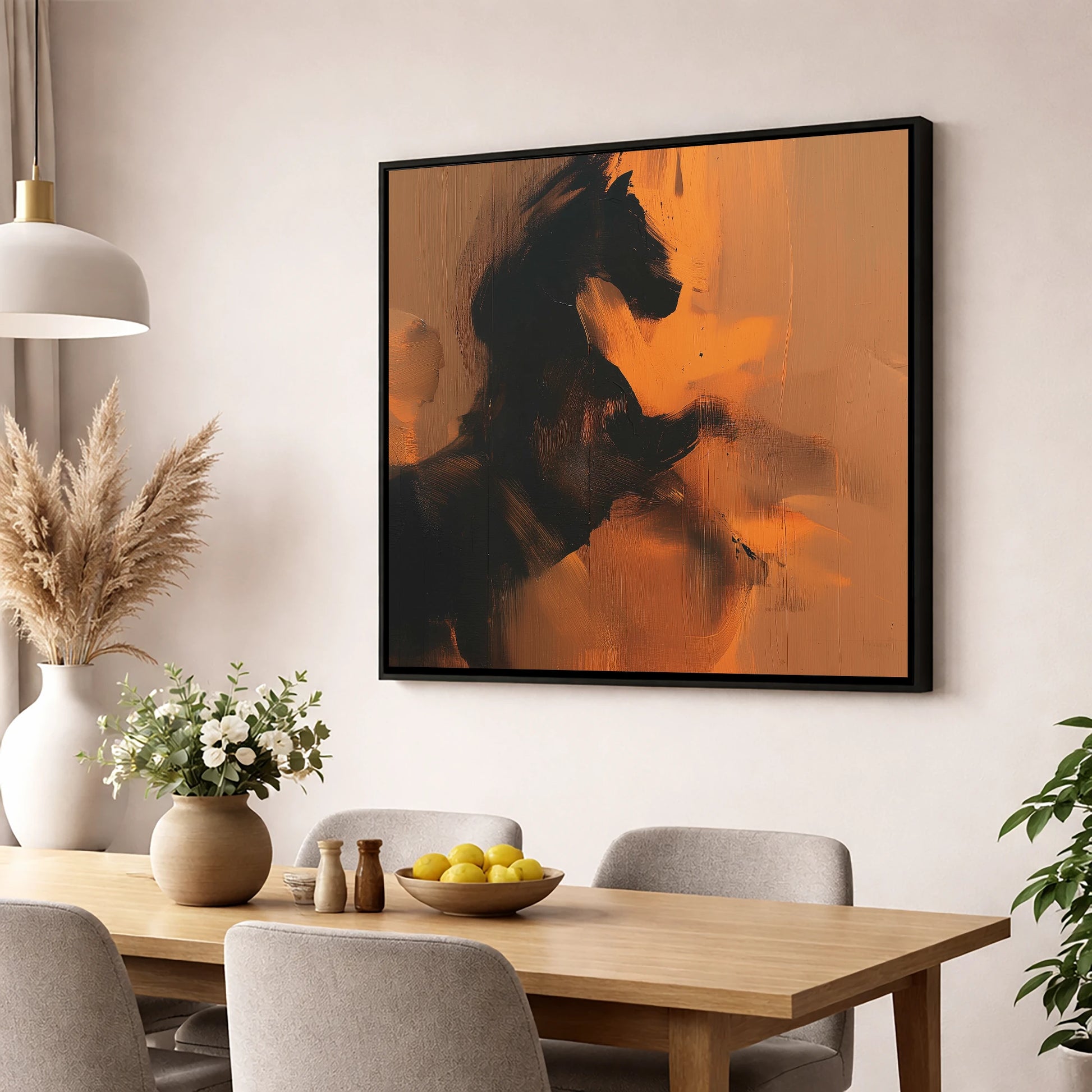 Amber Equine Silhouette horse portrait wall art displayed in a dining room