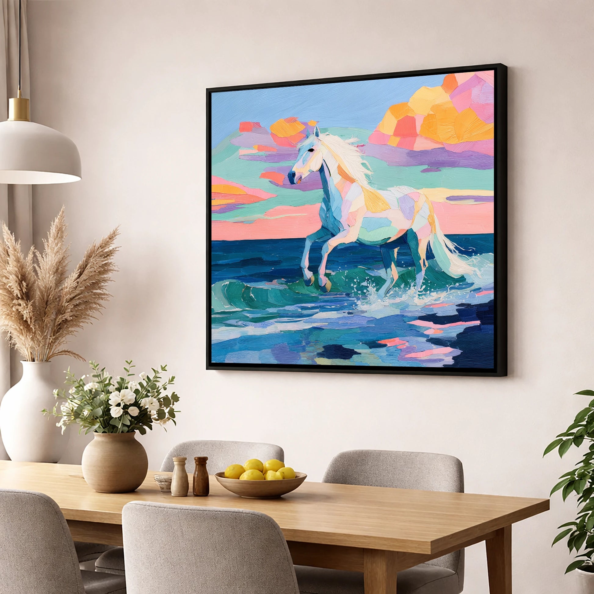 Vibrant Coastal Canter beach horse wall art displayed in a dining room