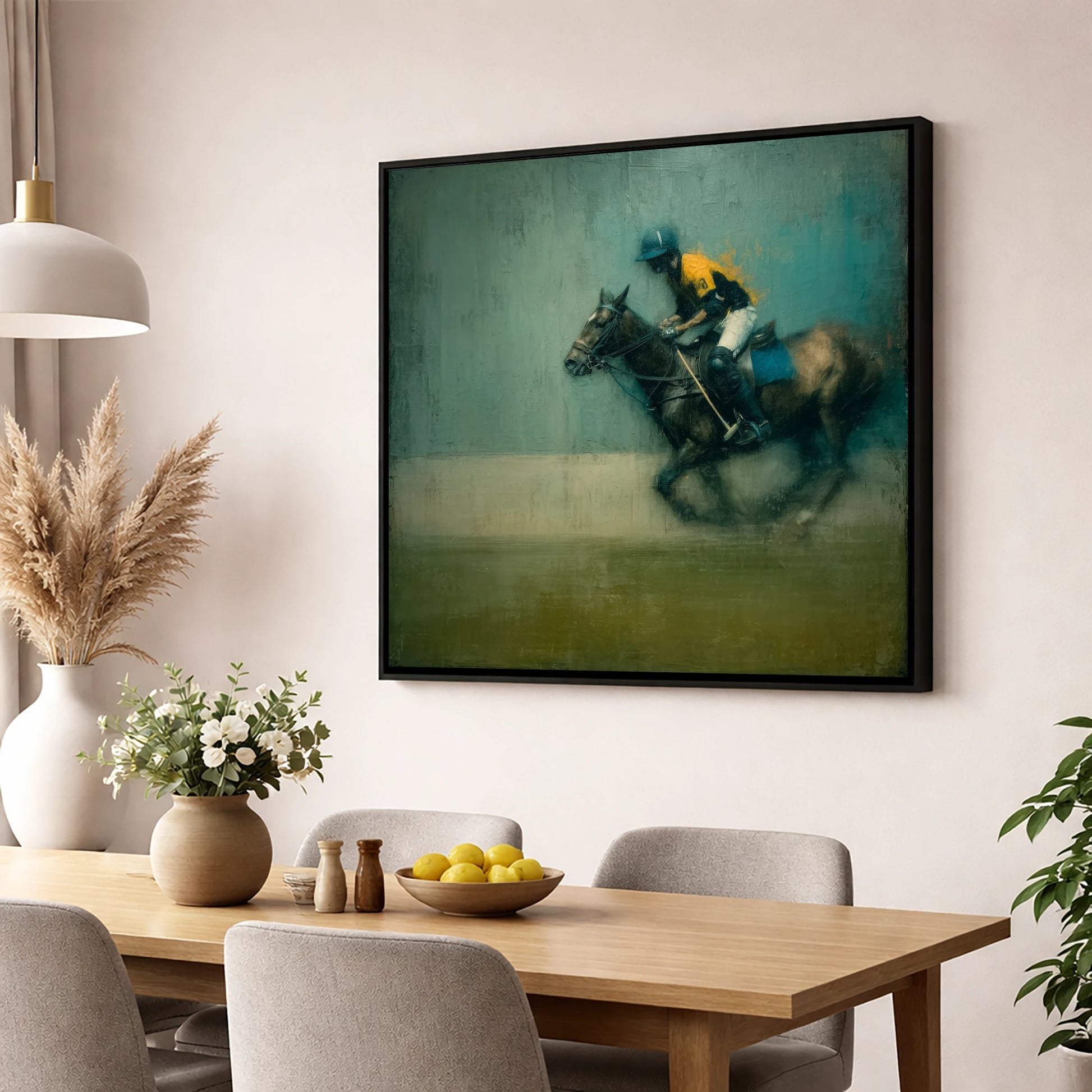 The Decisive Chukka polo horse wall art displayed in a dining room