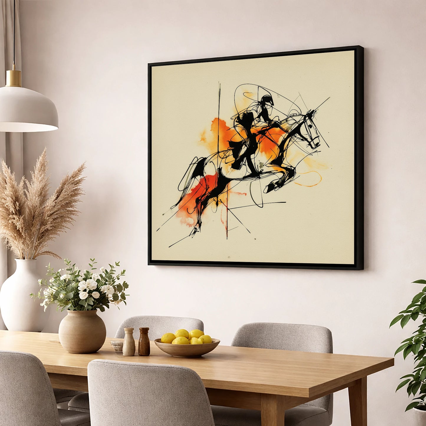 Amber Flight show jumping horse wall art displayed in a dining room