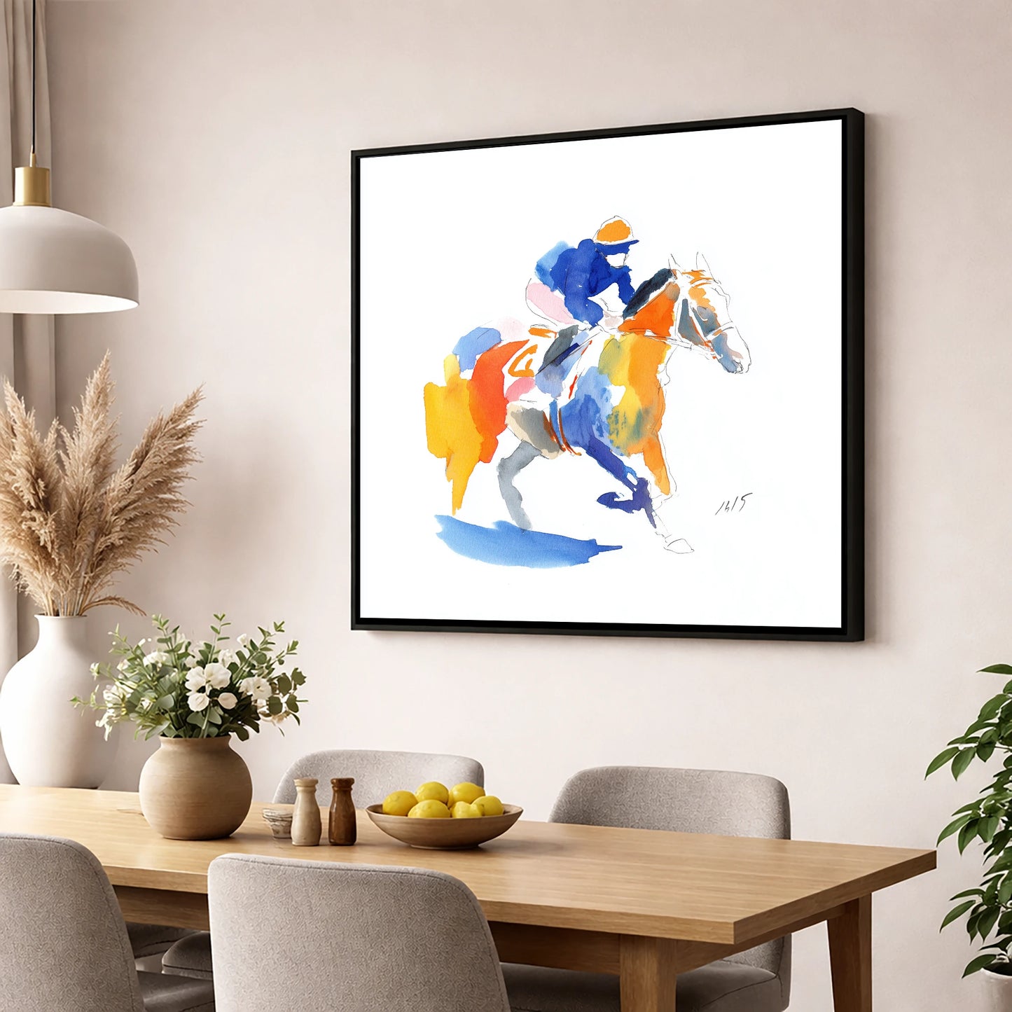 The Colourful Chase racing horse wall art displayed in a dining room