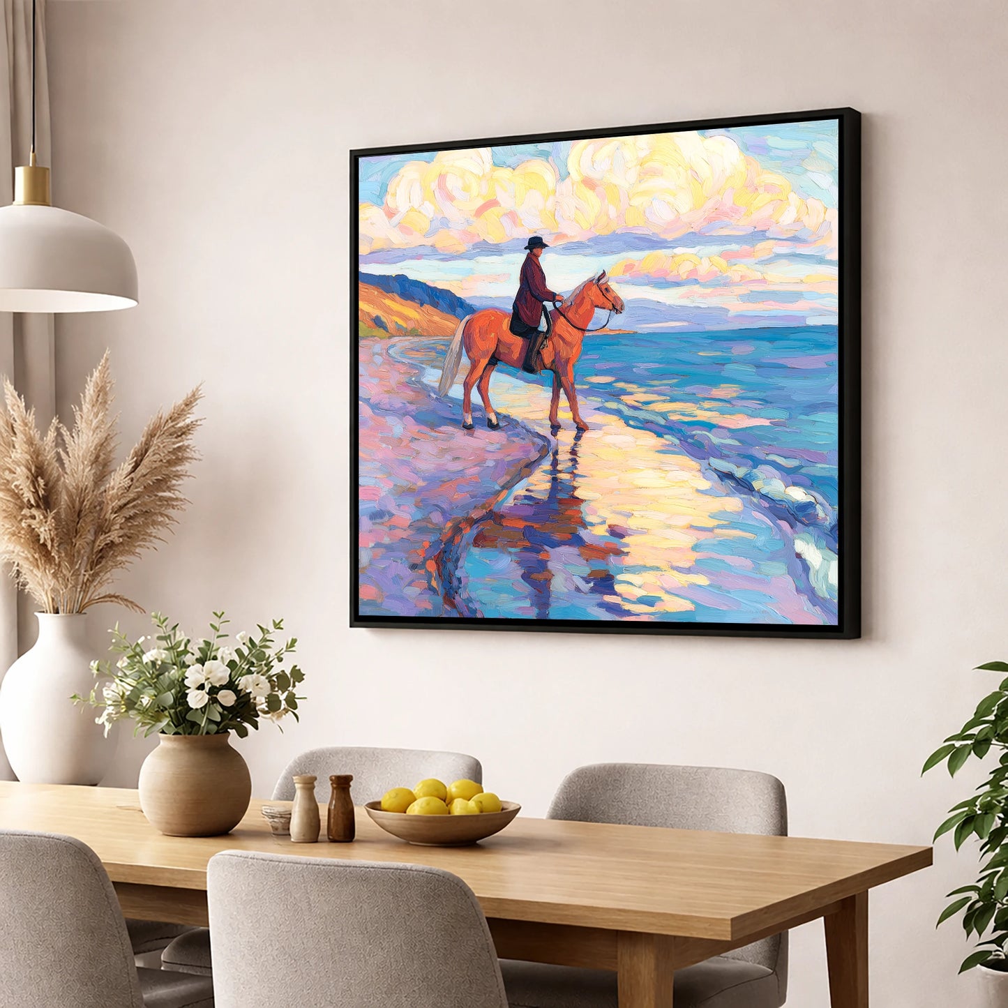 Sunset Coastal Reflections beach horse wall art displayed in a dining room