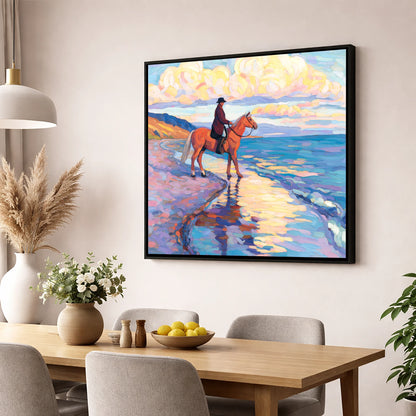 Sunset Coastal Reflections beach horse wall art displayed in a dining room
