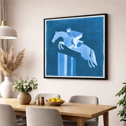 Azure Ascent show jumping horse wall art displayed in a dining room