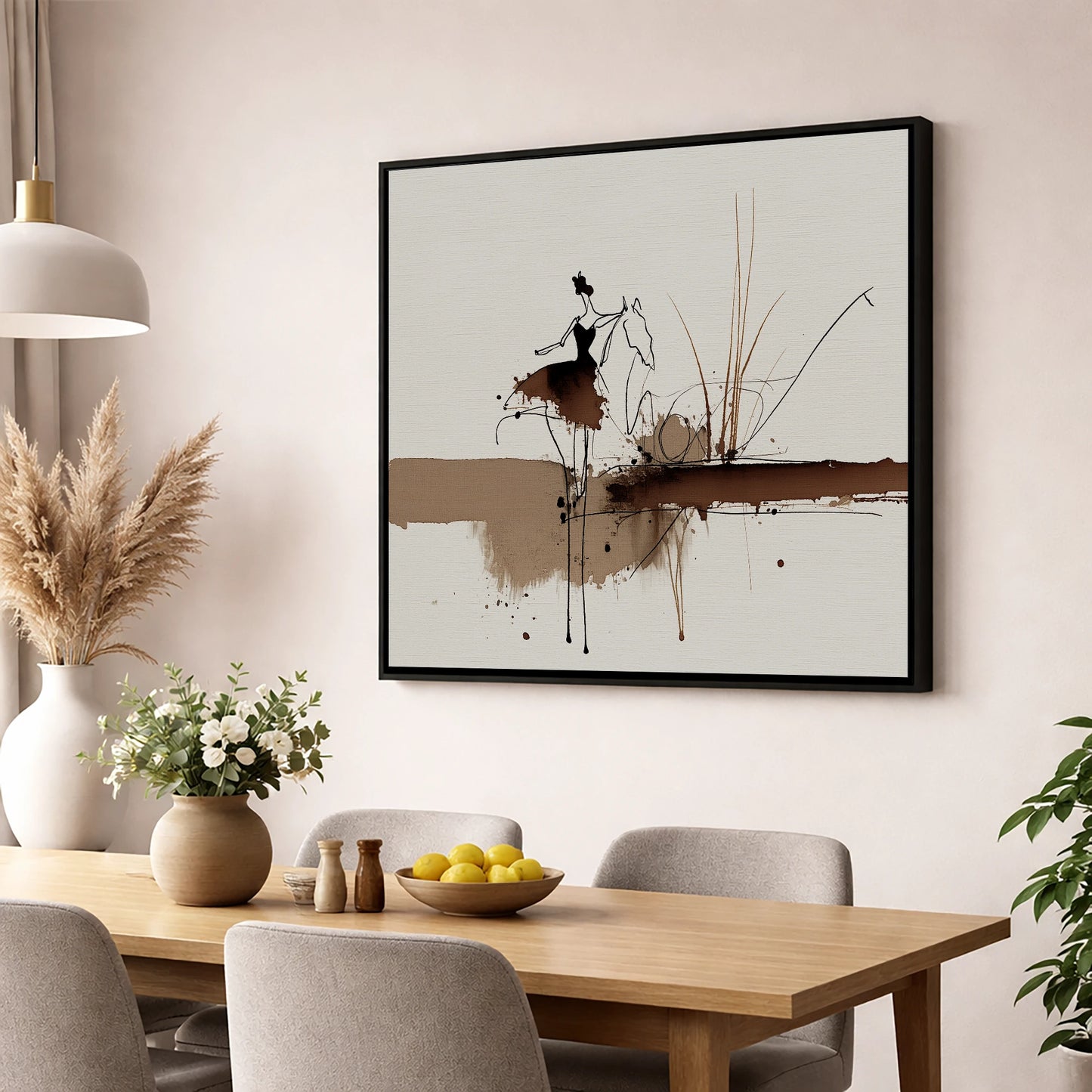 The Silent Dialogue horse & rider wall art displayed in a dining room