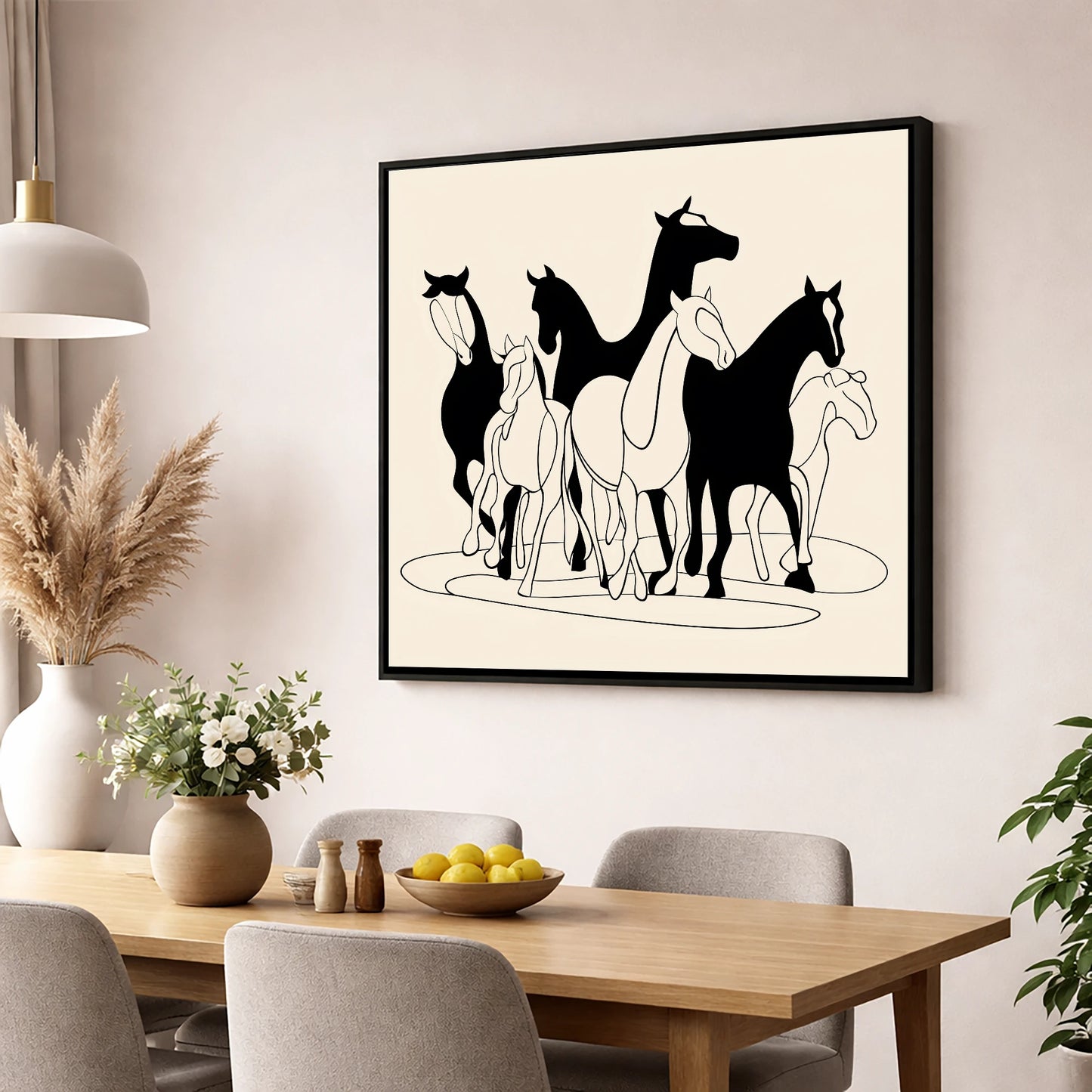 Monochrome Herd Silhouettes wild horses wall art displayed in a dining room