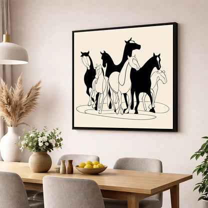 Monochrome Herd Silhouettes wild horses wall art displayed in a dining room