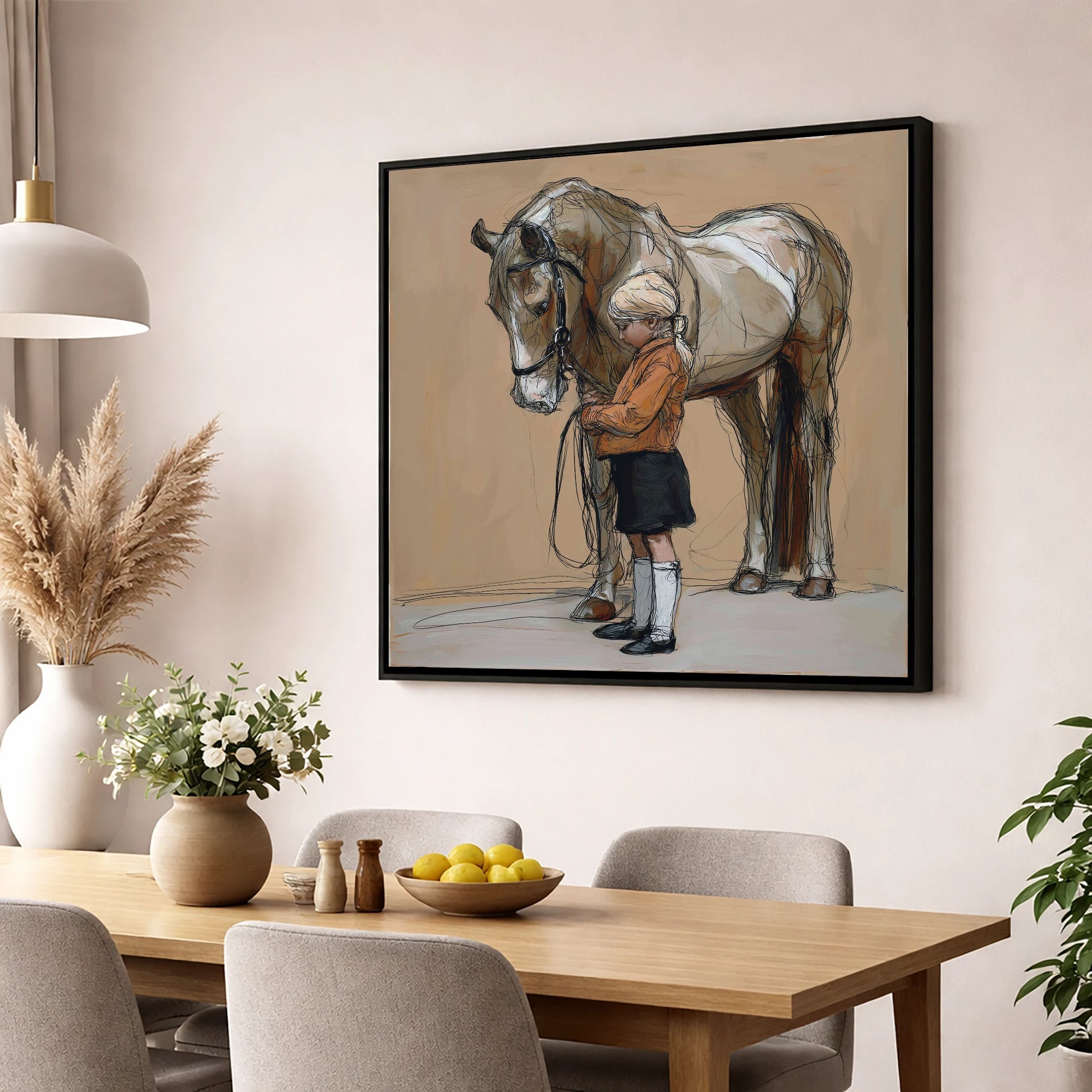 Gentle Companionship horse & rider wall art displayed in a dining room