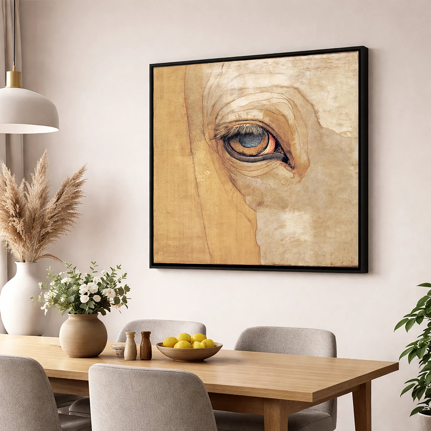 The Golden Gaze horse portrait wall art displayed in a dining room