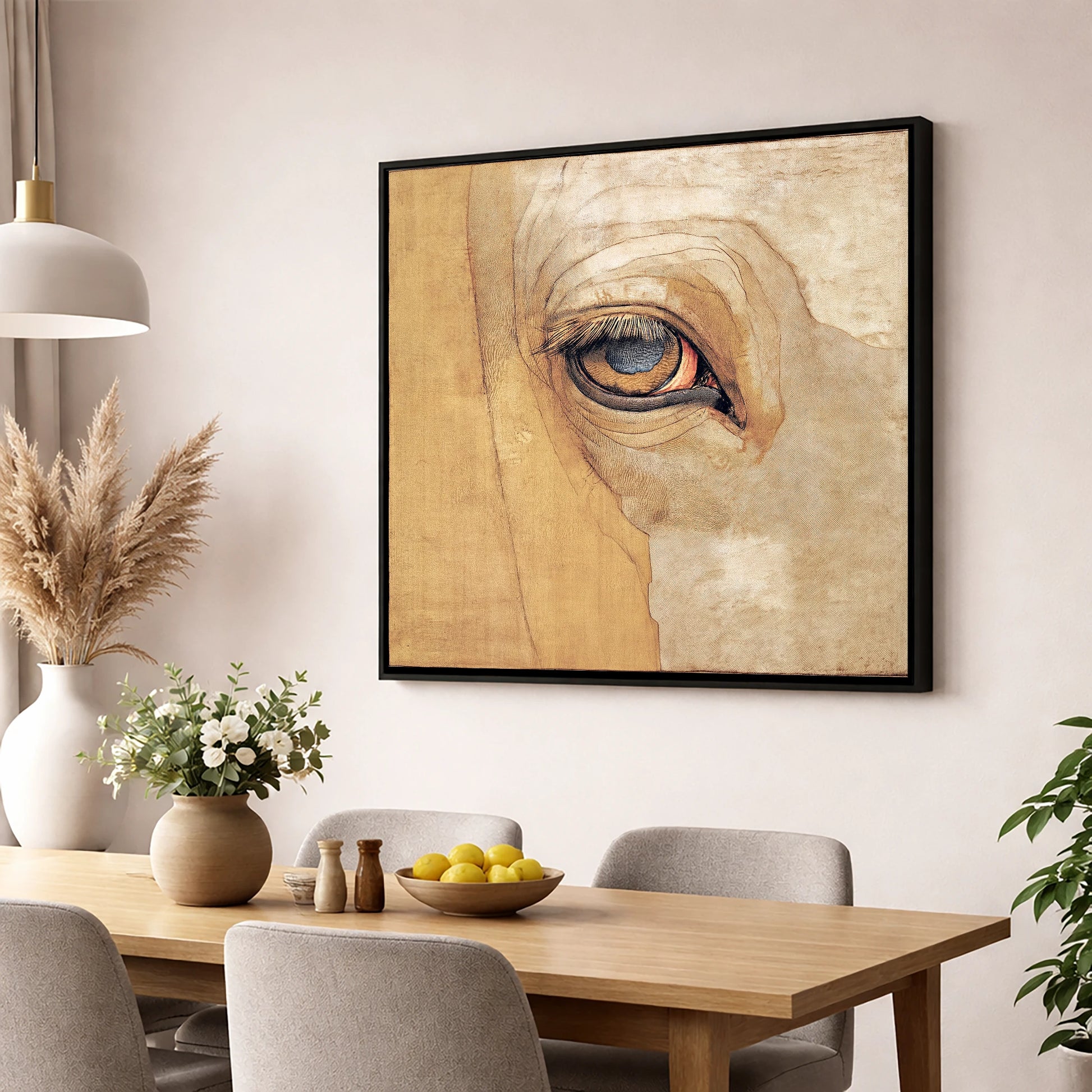 The Golden Gaze horse portrait wall art displayed in a dining room