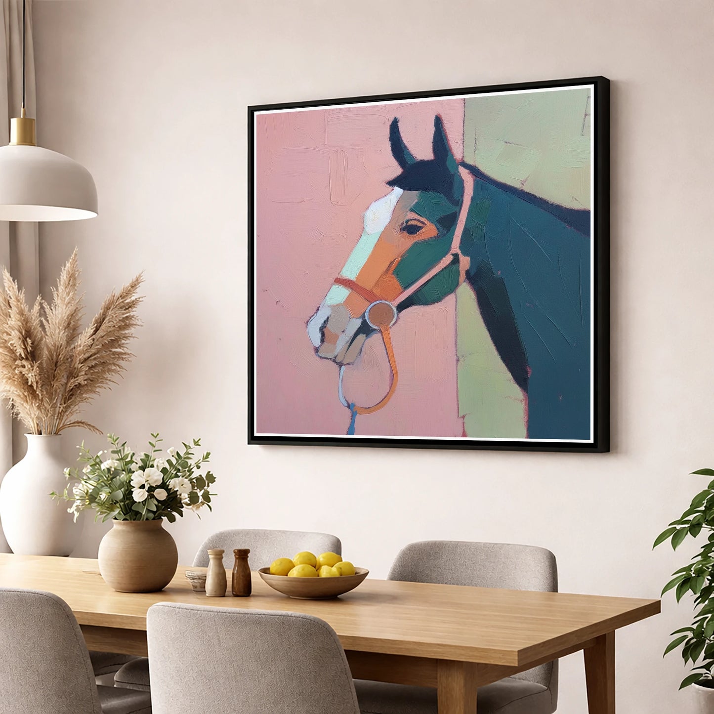 Modern Geometric Profile horse portrait wall art displayed in a dining room