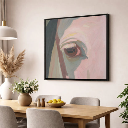 A Gentle Gaze horse portrait wall art displayed in a dining room