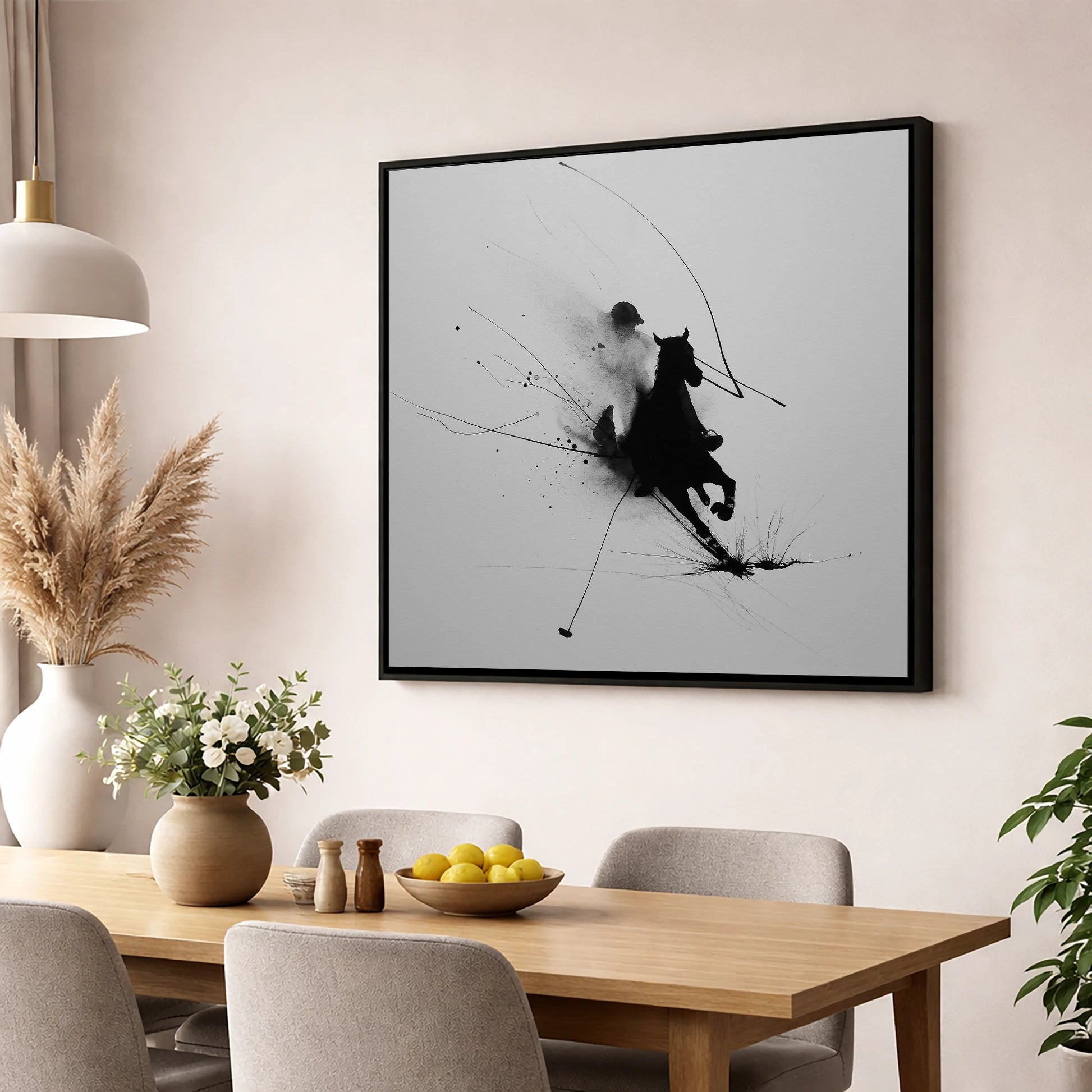 Phantom Polo Strike polo horse wall art displayed in a dining room