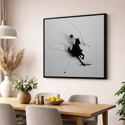 Phantom Polo Strike polo horse wall art displayed in a dining room