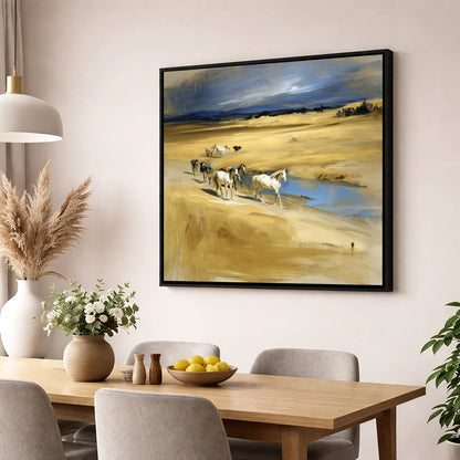 Golden Veldt Crossing horse landscape wall art displayed in a dining room