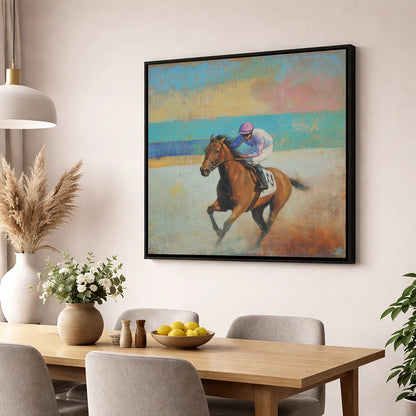 Thundering Towards Home racing horse wall art displayed in a dining room