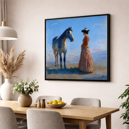 A Timeless Bond horse & rider wall art displayed in a dining room
