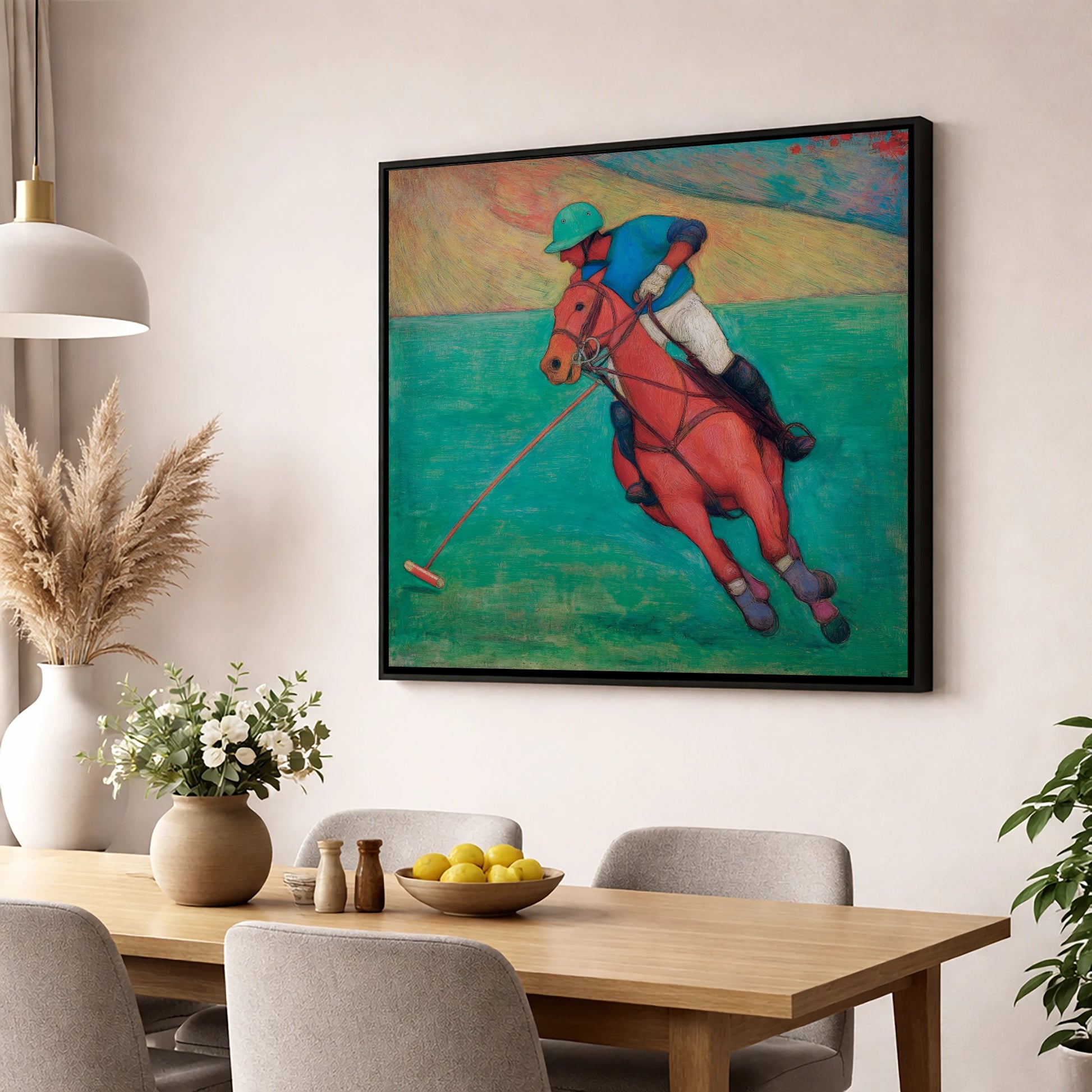 The Crimson Chukka polo horse wall art displayed in a dining room