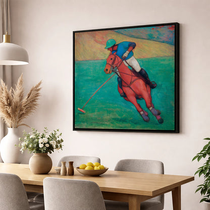 The Crimson Chukka polo horse wall art displayed in a dining room