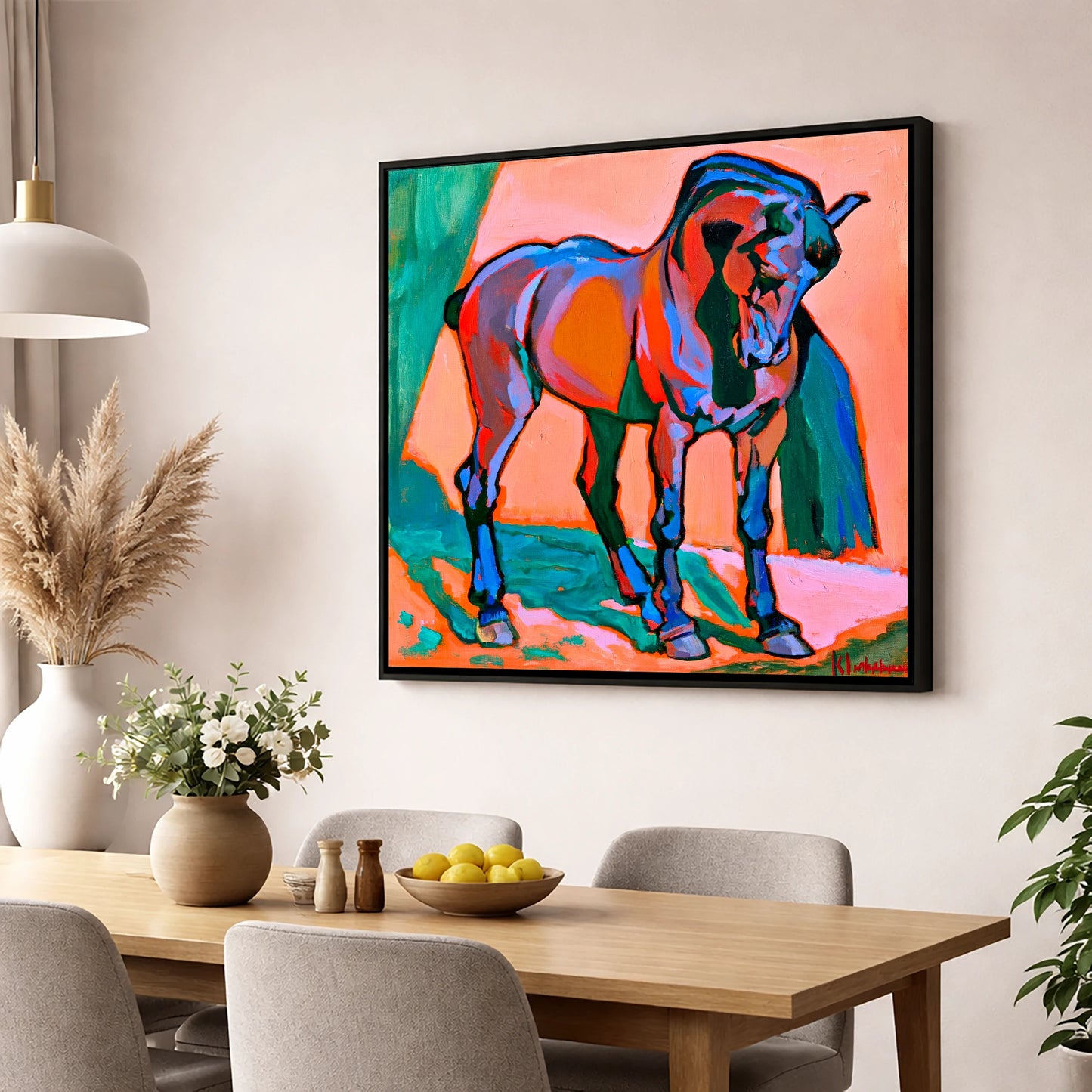 Vivid Abstract Standing Horse horse breed wall art displayed in a dining room