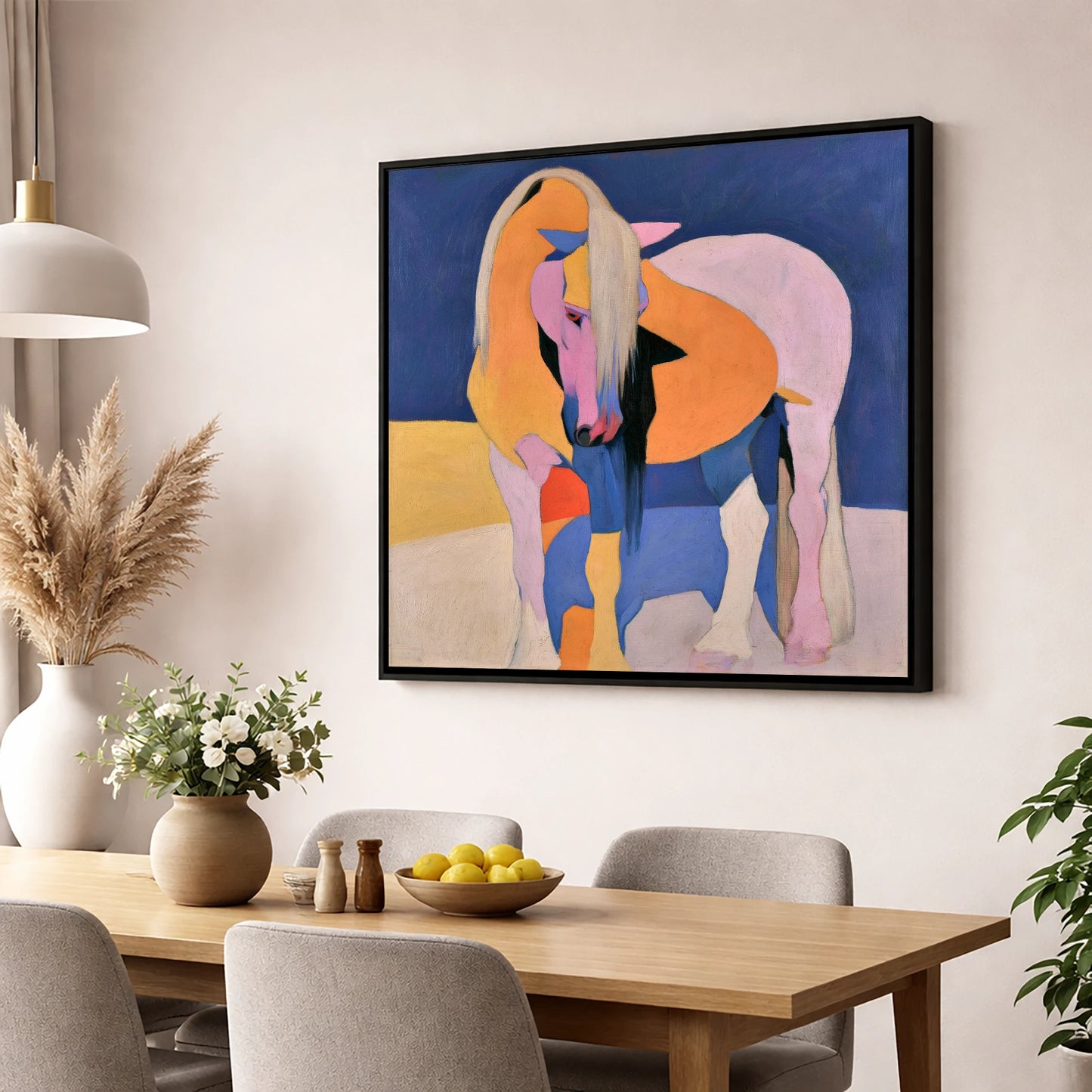 Vibrant Pink And Orange Horse horse breed wall art displayed in a dining room