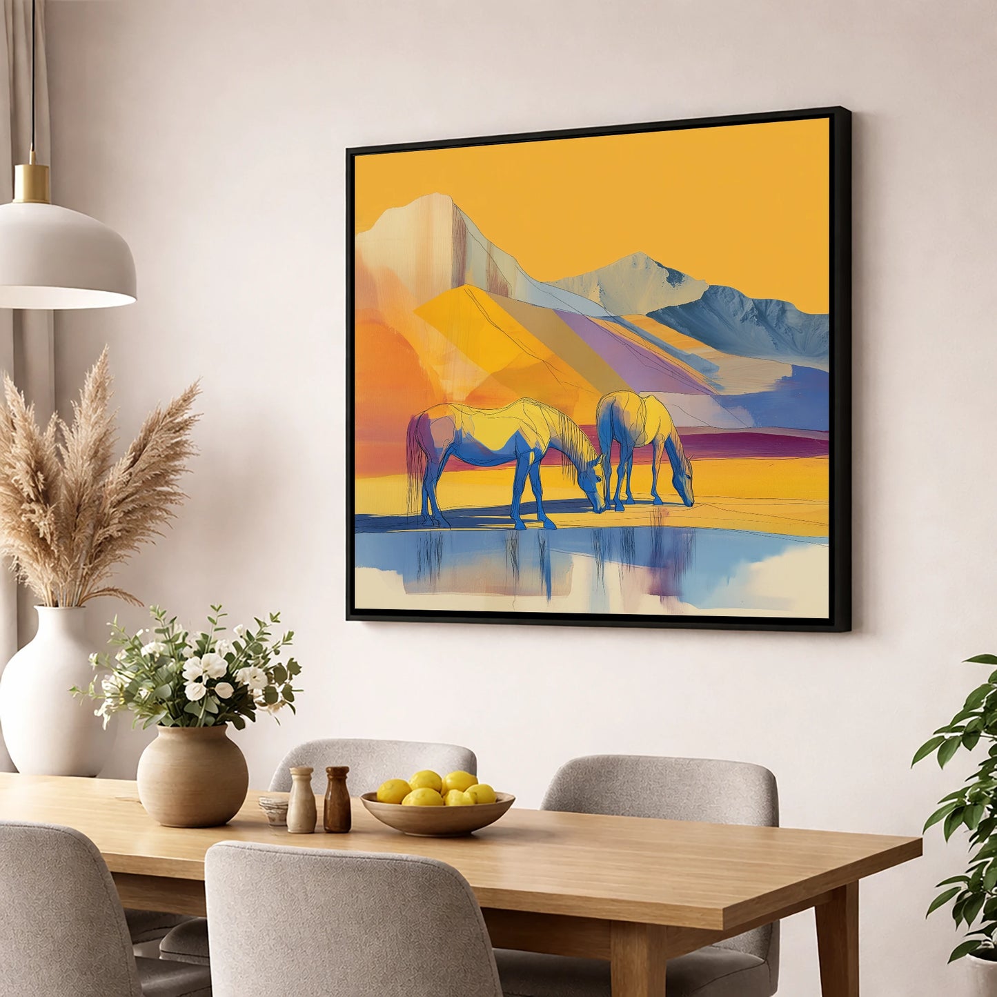 Golden Mountain Pasture horse landscape wall art displayed in a dining room