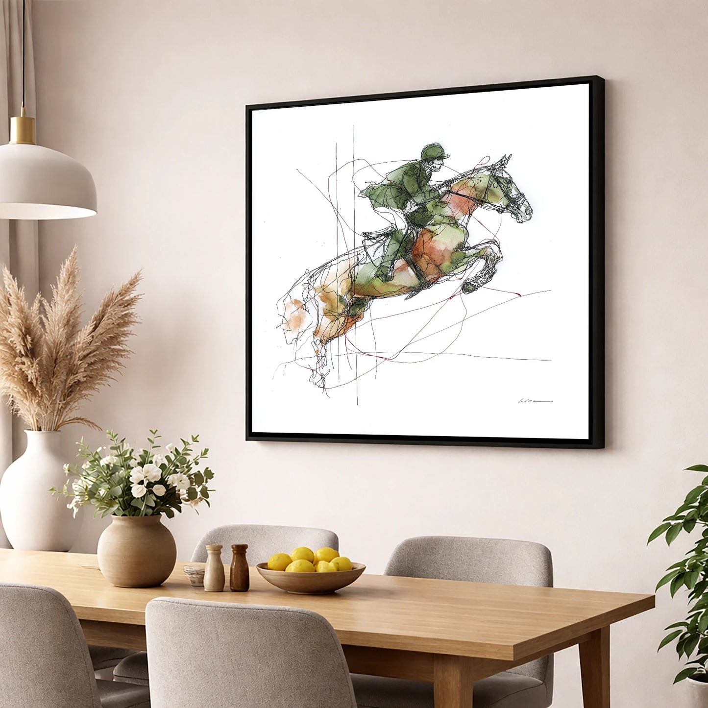 Dynamic Bascule show jumping horse wall art displayed in a dining room