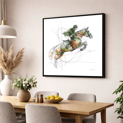Dynamic Bascule show jumping horse wall art displayed in a dining room