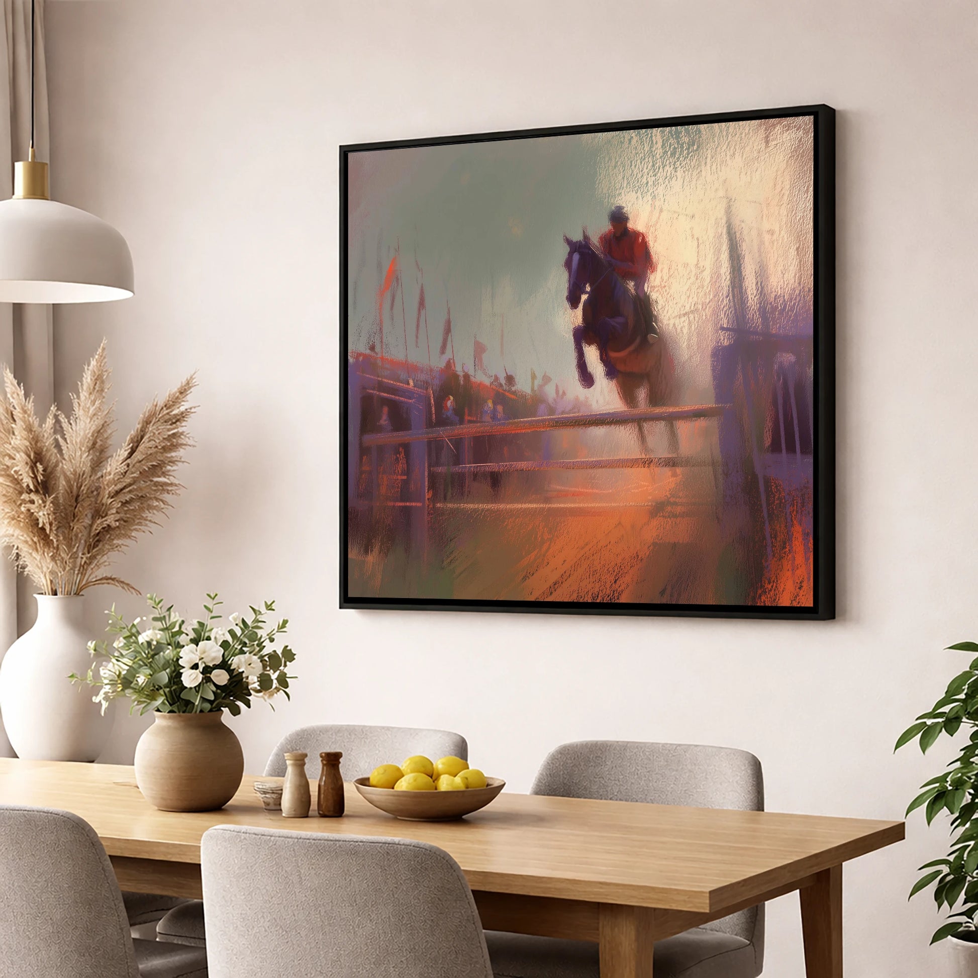The Final Fence show jumping horse wall art displayed in a dining room