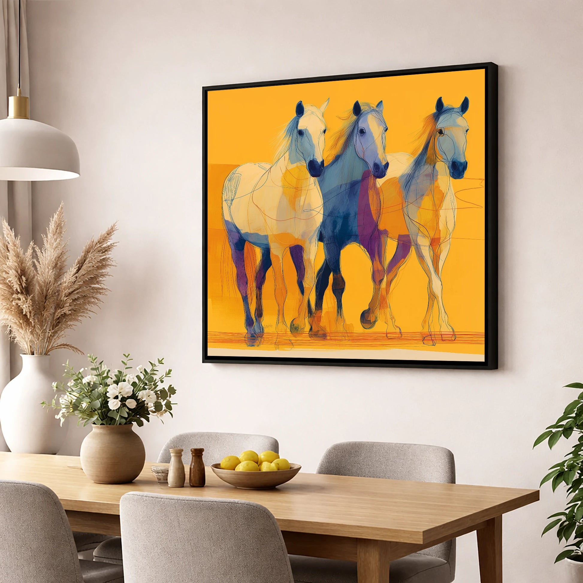 Vivid Strides in Gold horse landscape wall art displayed in a dining room