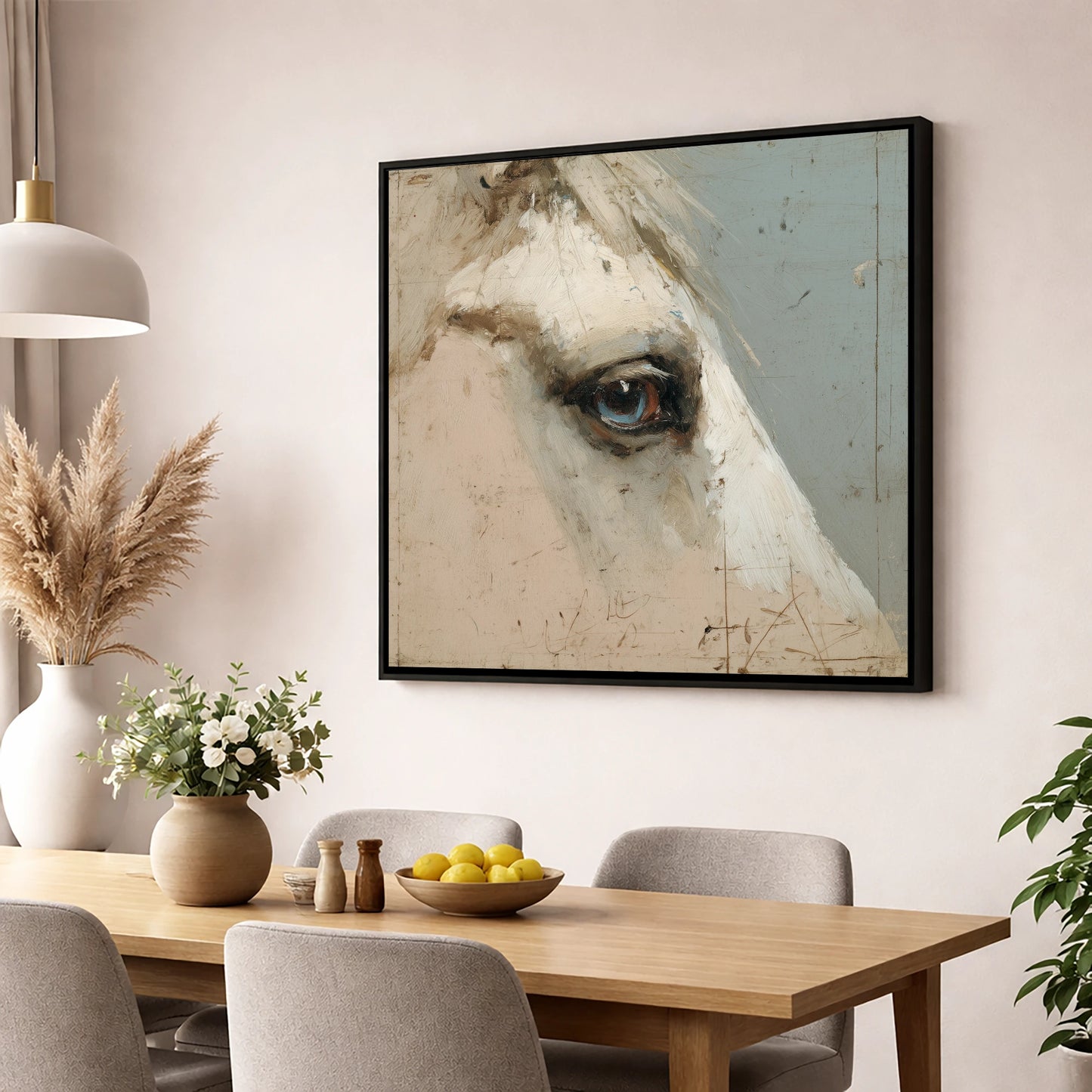 The Watchful Grey horse portrait wall art displayed in a dining room