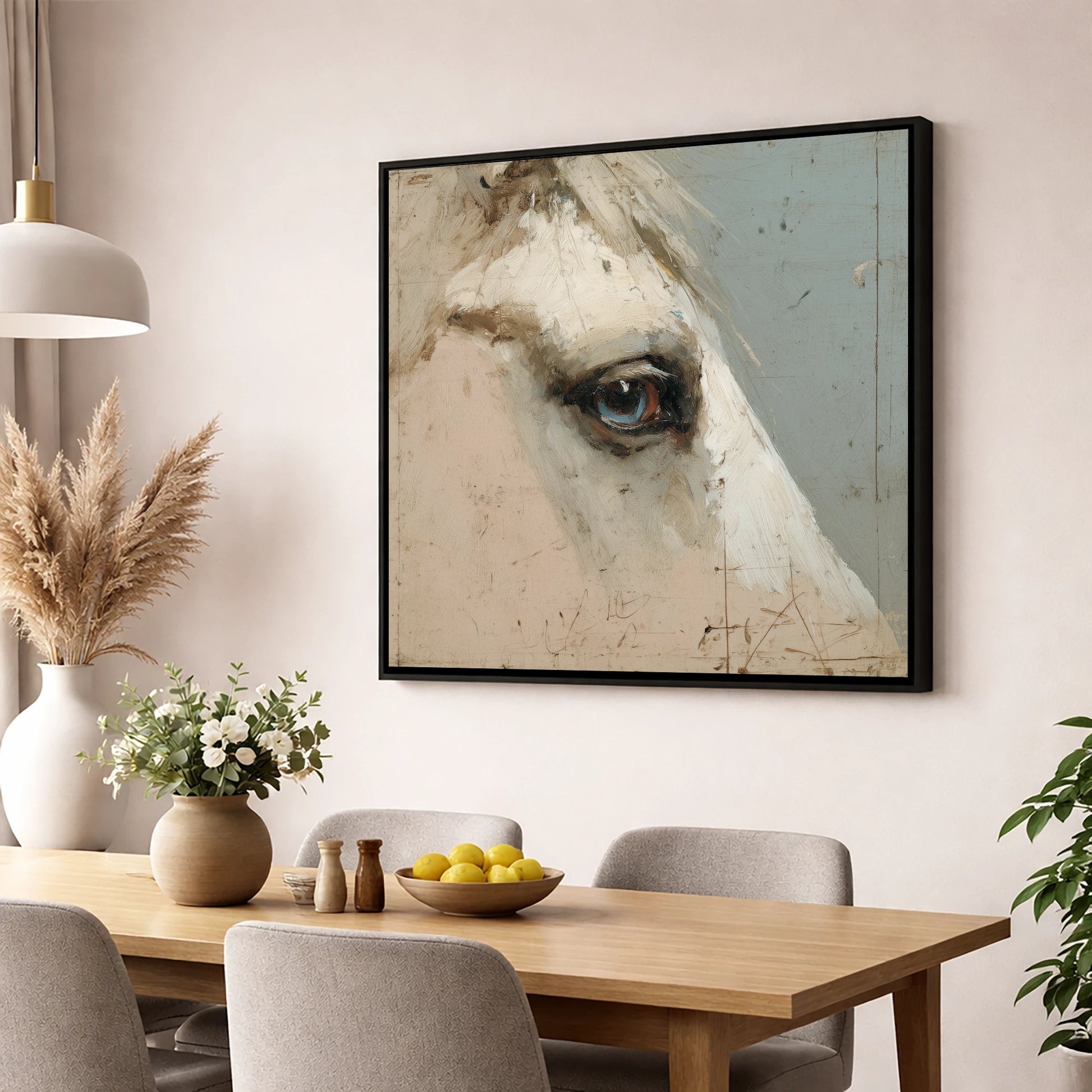 The Watchful Grey horse portrait wall art displayed in a dining room