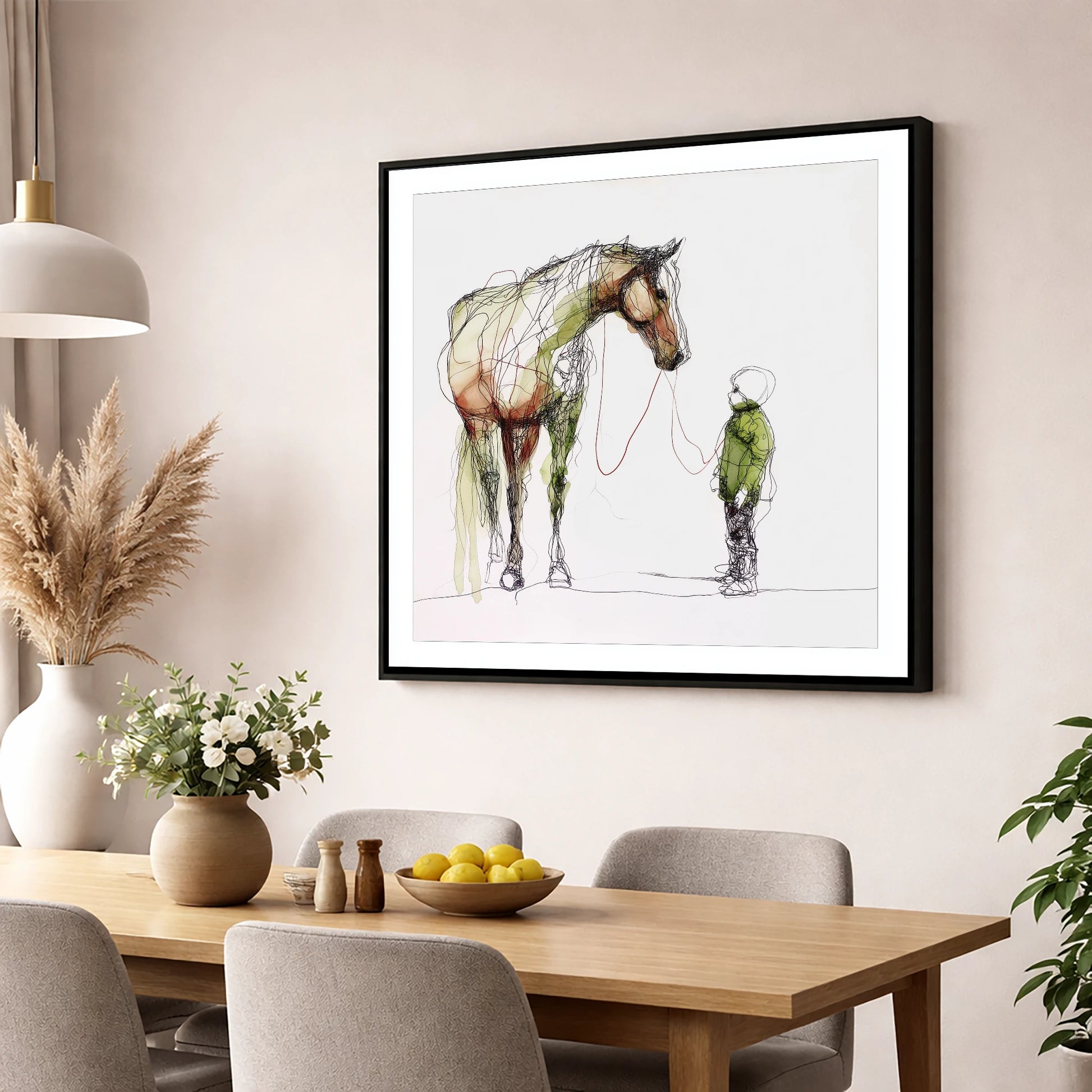 Quiet Connection horse & rider wall art displayed in a dining room