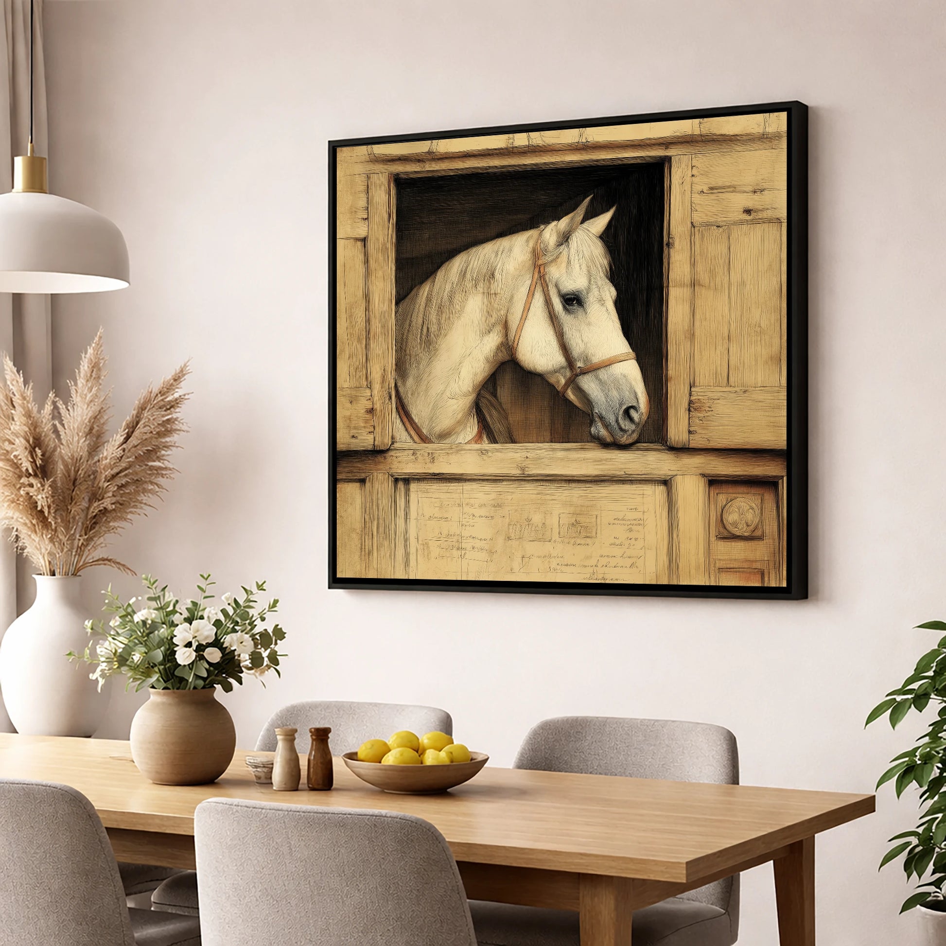 The Draftsman's Grey horse stable wall art displayed in a dining room