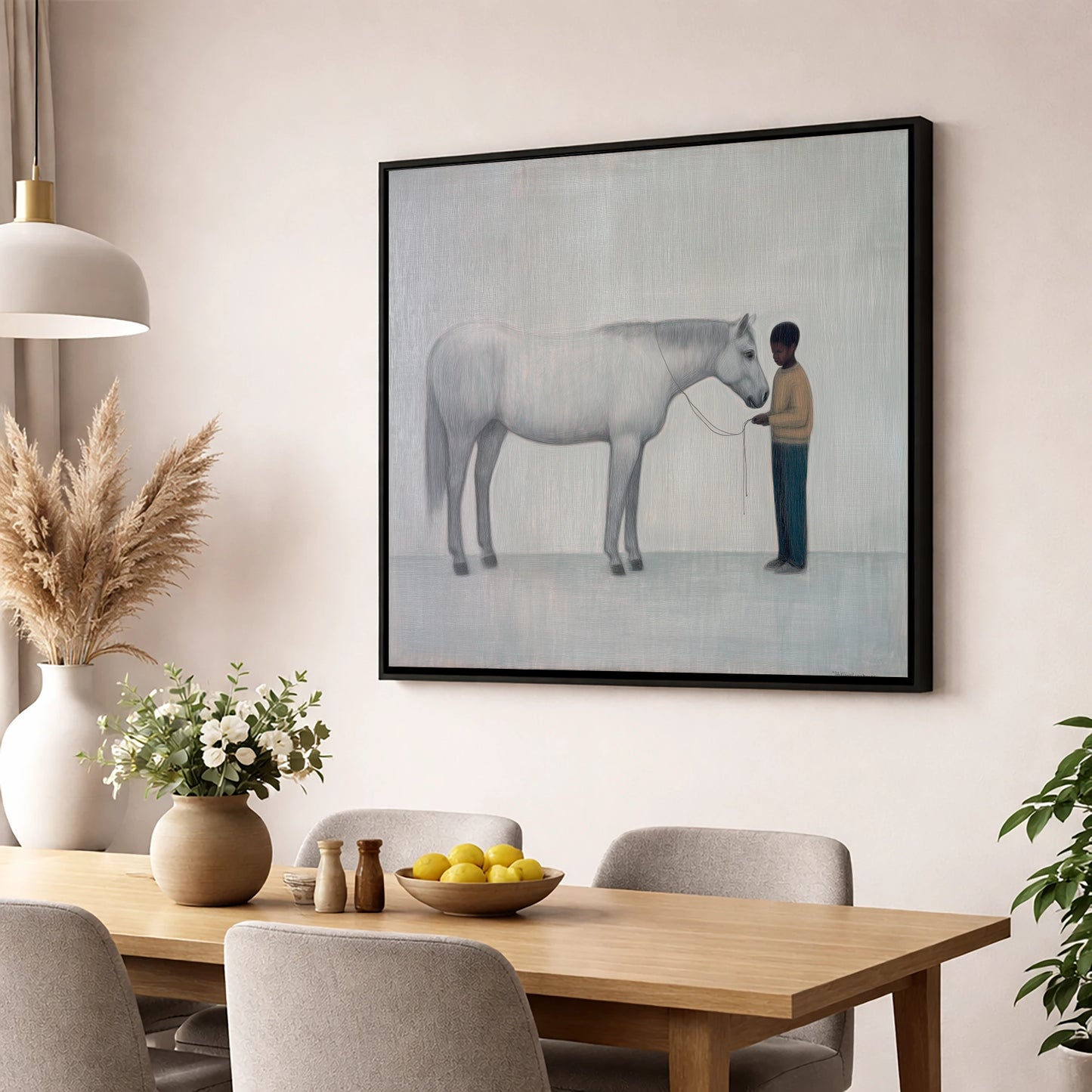Silent Understanding horse & rider wall art displayed in a dining room