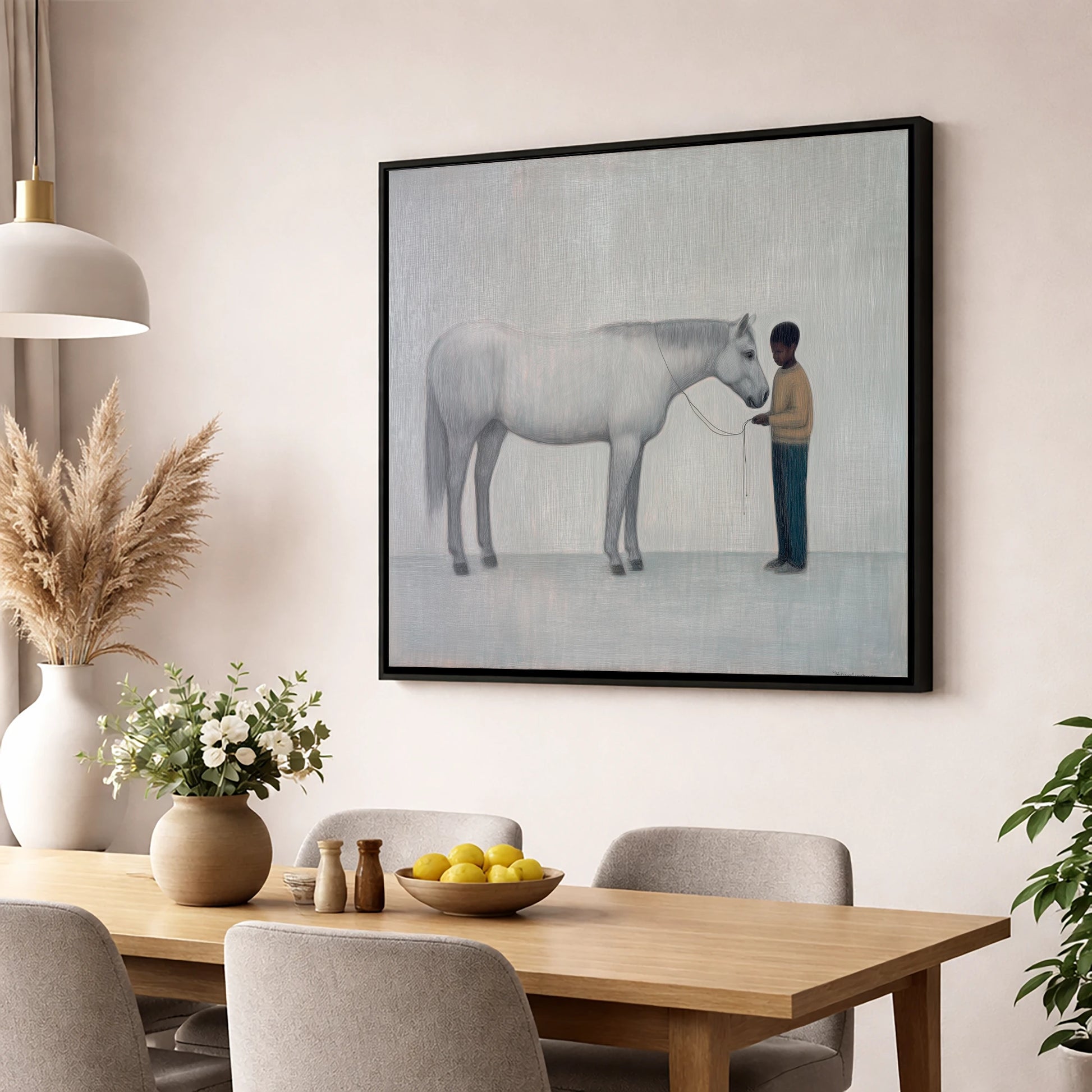 Silent Understanding horse & rider wall art displayed in a dining room