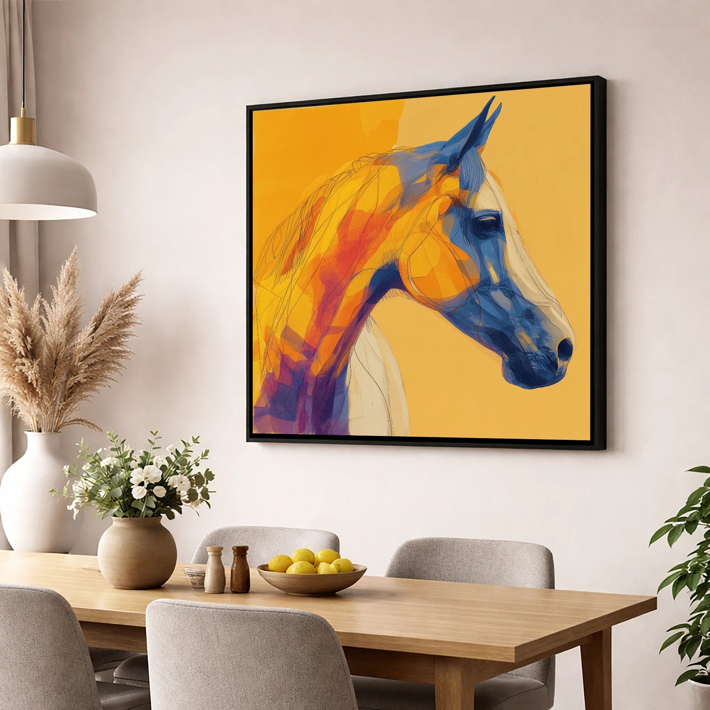 Cobalt and Amber Profile horse portrait wall art displayed in a dining room