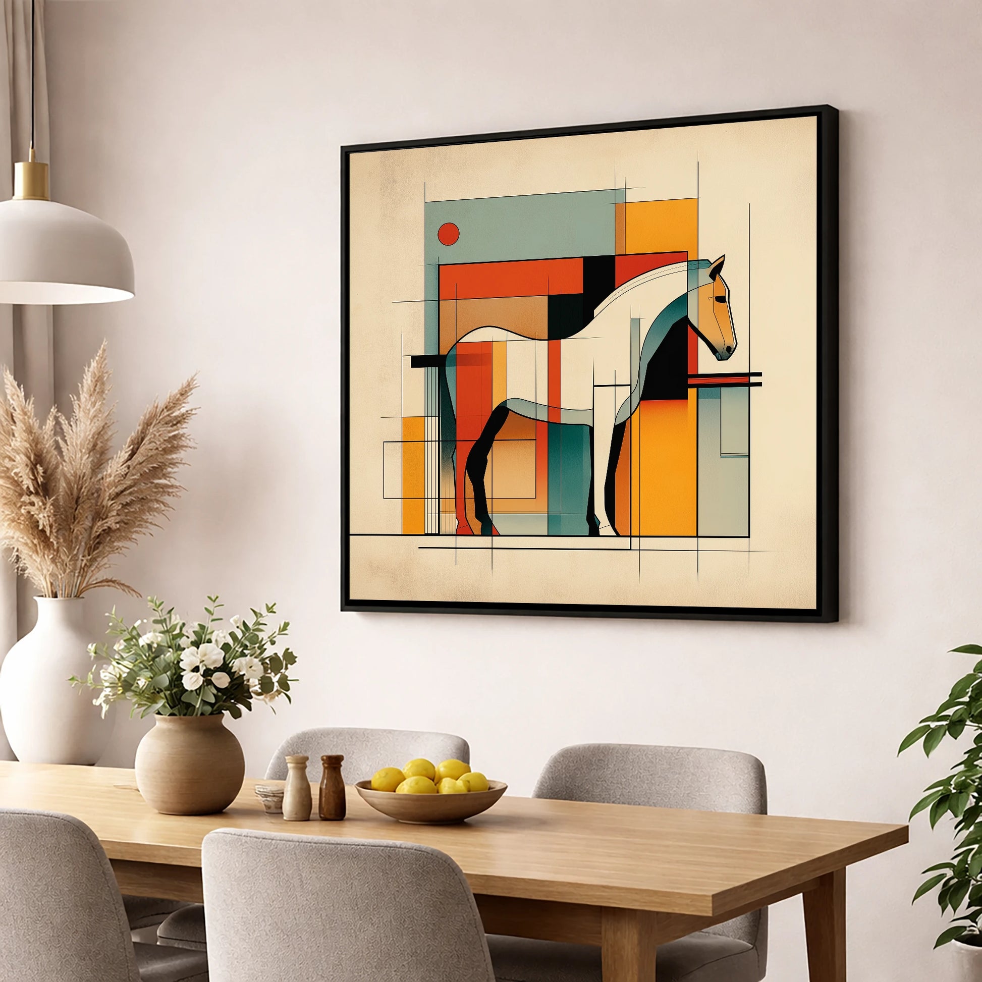 Modernist Equine Profile horse stable wall art displayed in a dining room