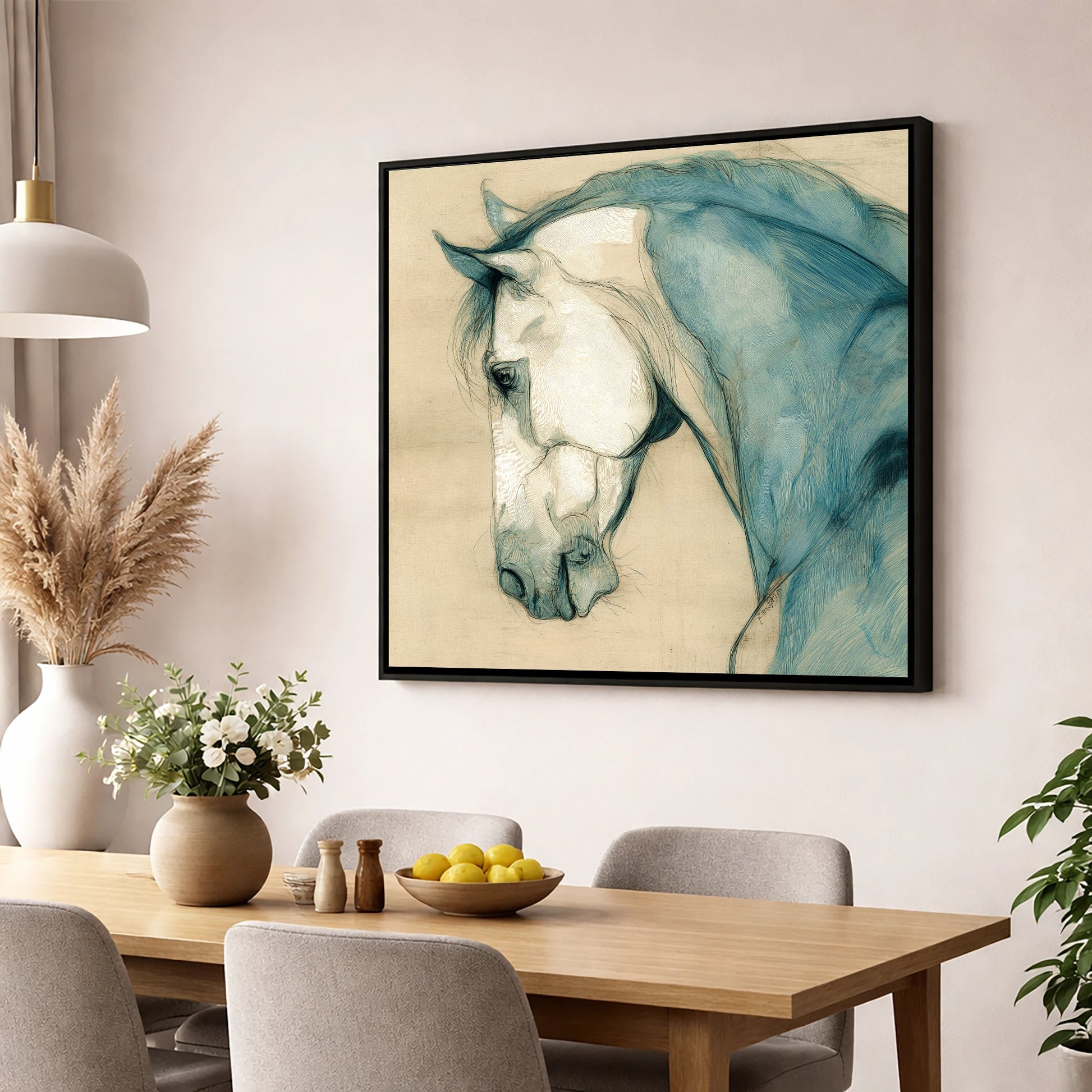 Teal Equine Study horse portrait wall art displayed in a dining room