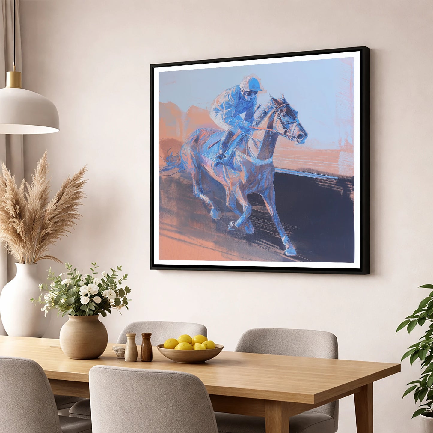 Indigo Stride racing horse wall art displayed in a dining room
