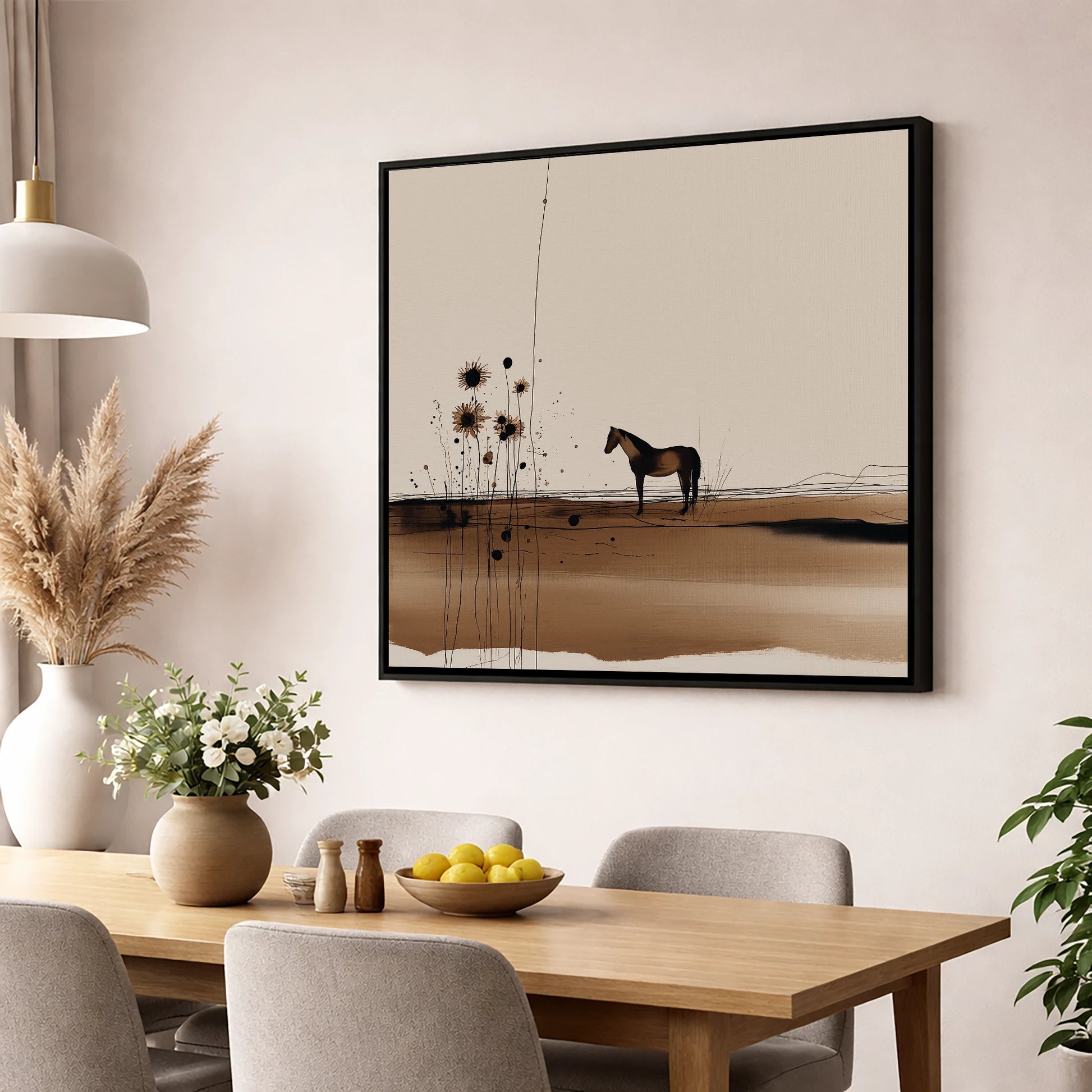 Stillness in Sepia horse landscape wall art displayed in a dining room