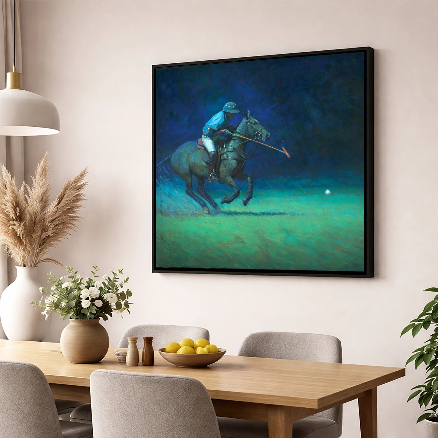 Midnight Chukka polo horse wall art displayed in a dining room