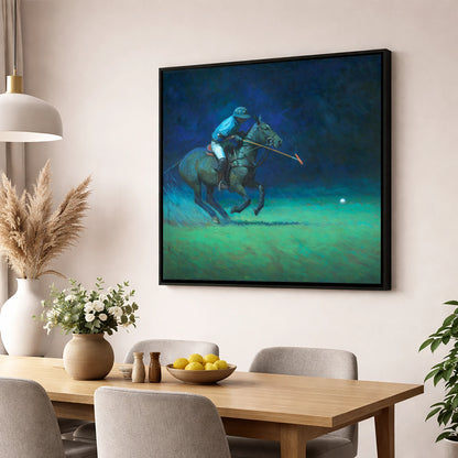 Midnight Chukka polo horse wall art displayed in a dining room