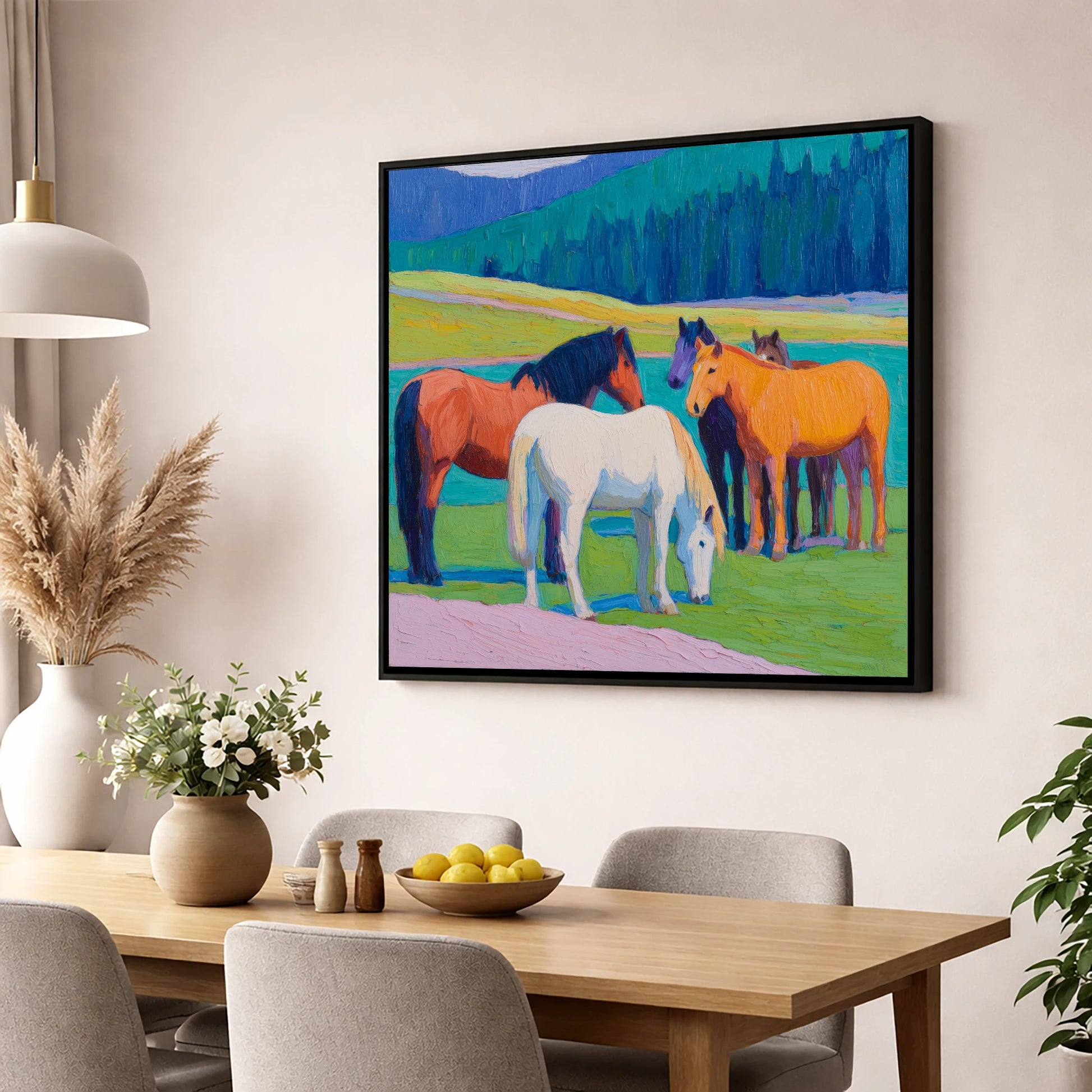 Vivid Pasture Herd horse landscape wall art displayed in a dining room