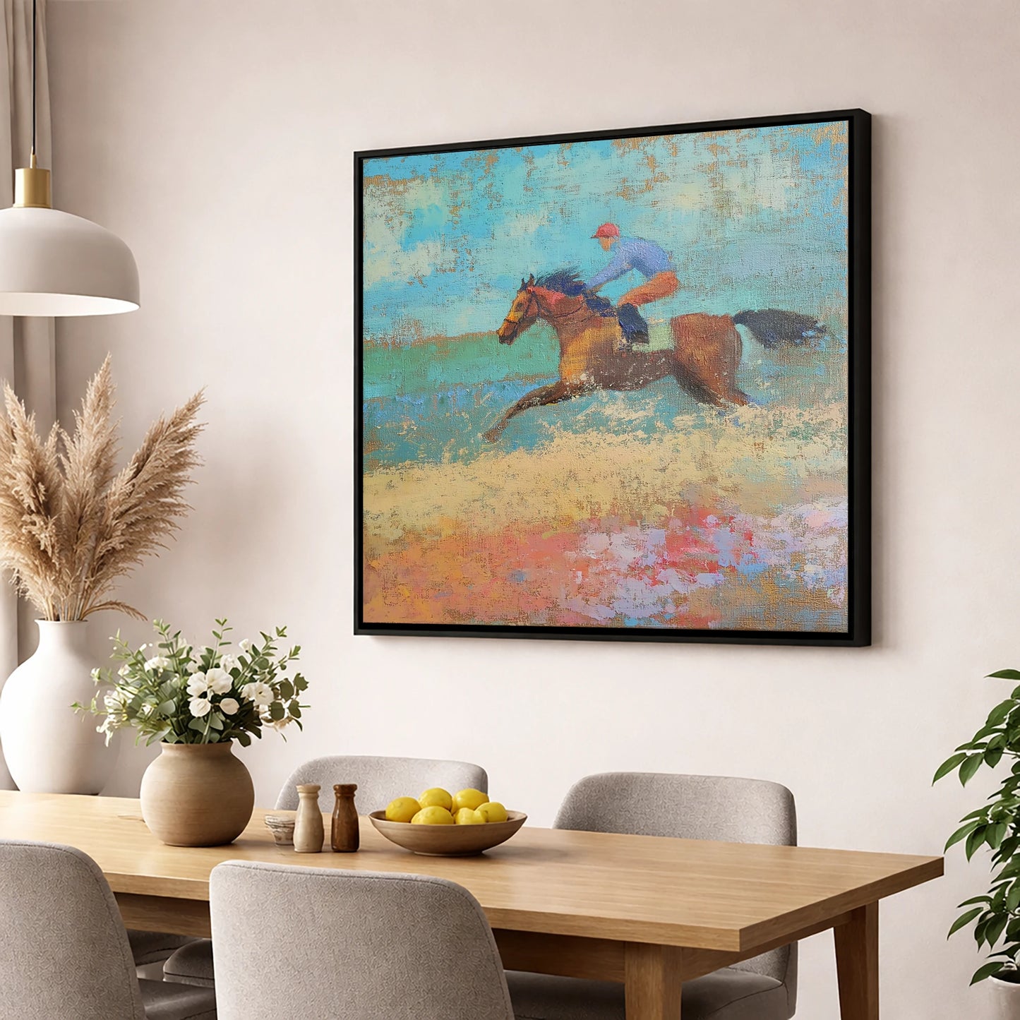 The Coastal Gallop racing horse wall art displayed in a dining room