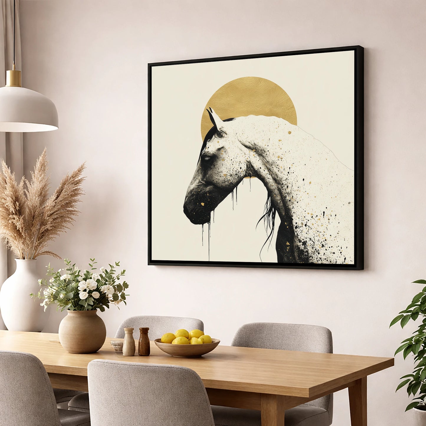 Gilded Equine Profile horse breed wall art displayed in a dining room