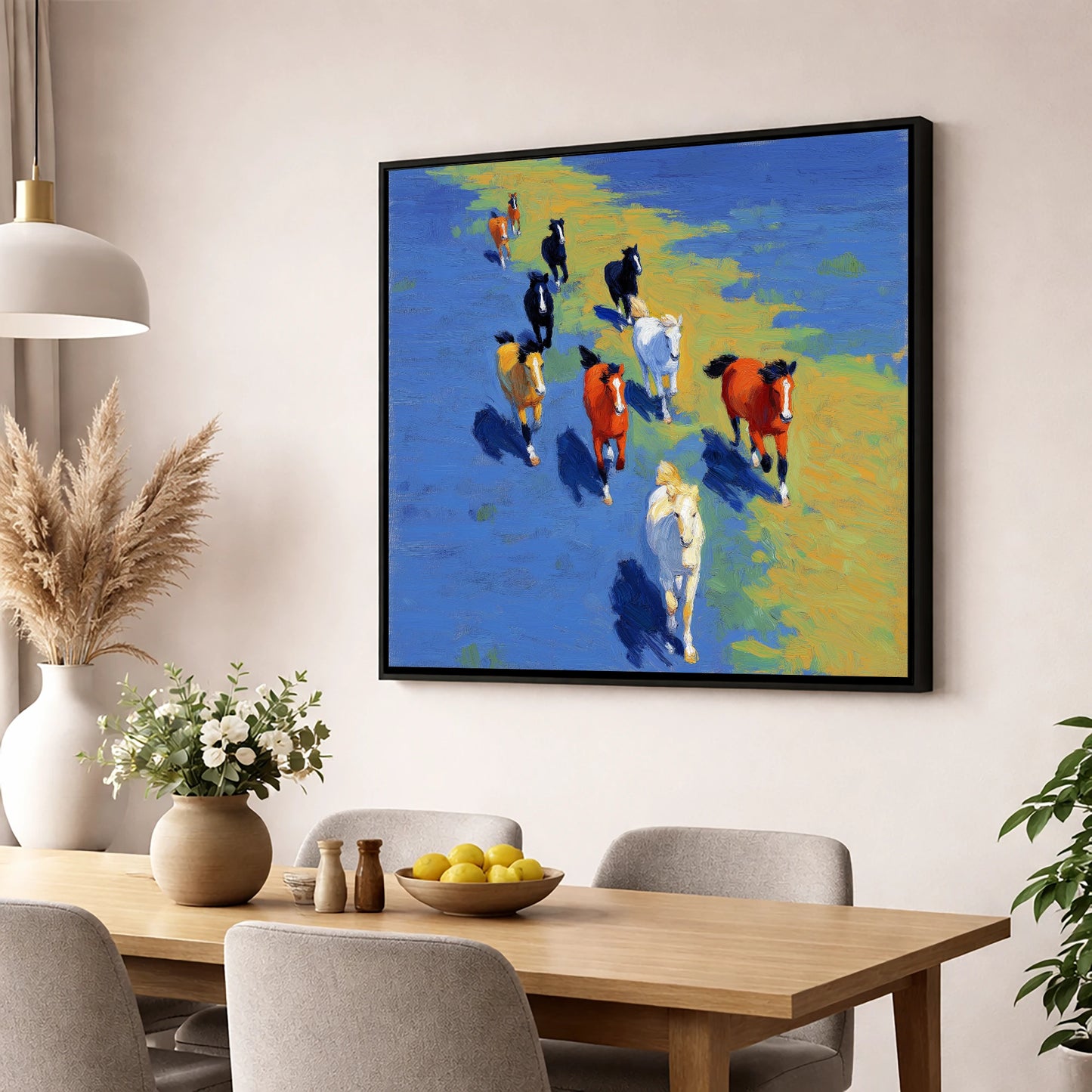 Sunlit Azure Gallop wild horses wall art displayed in a dining room