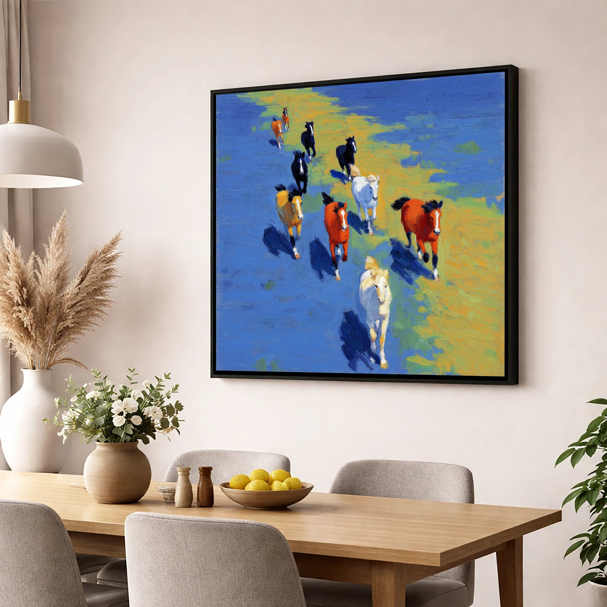 Sunlit Azure Gallop wild horses wall art displayed in a dining room