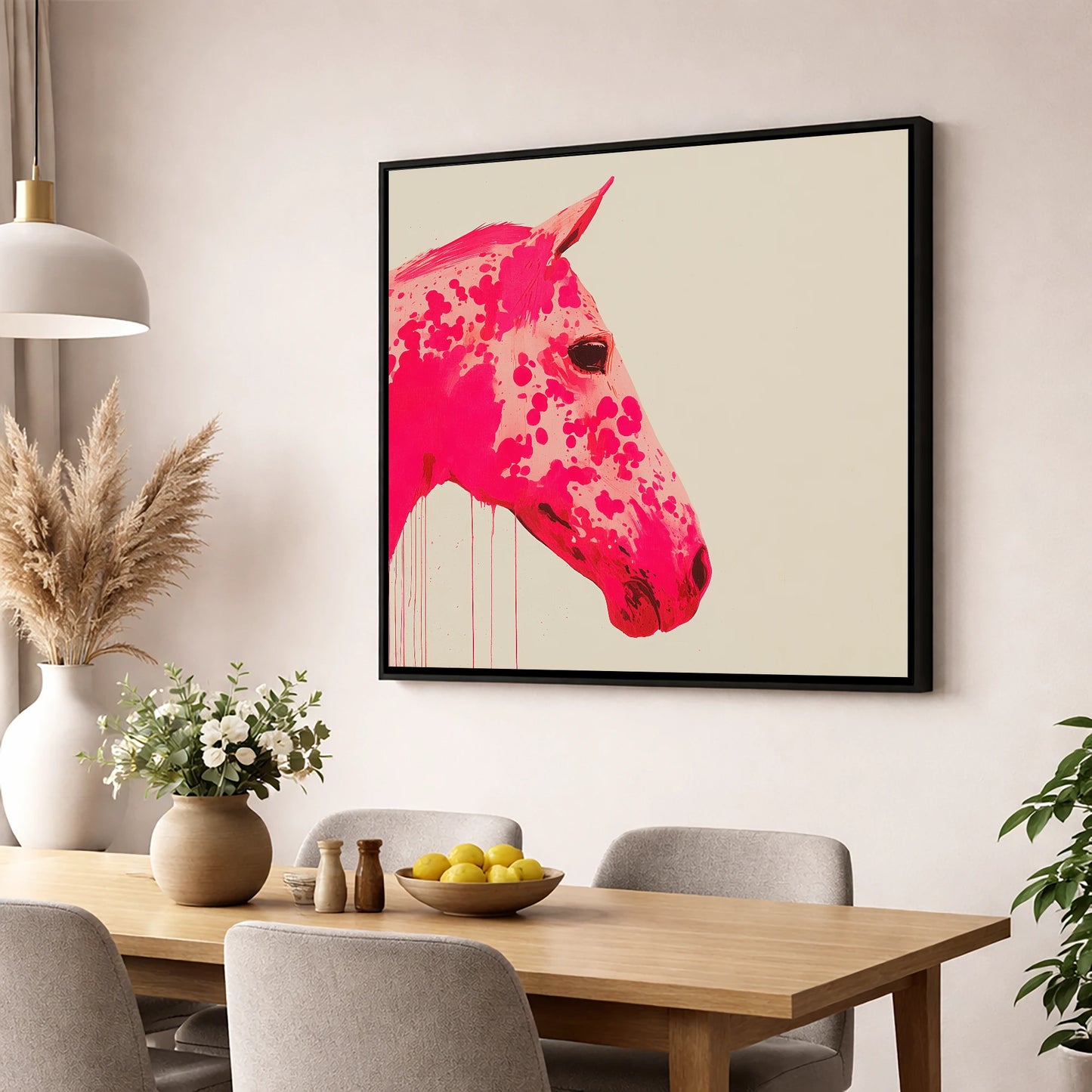 Vibrant Magenta Profile horse portrait wall art displayed in a dining room