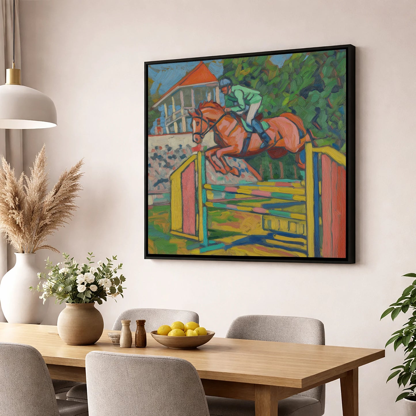 Clearing the Colours show jumping horse wall art displayed in a dining room